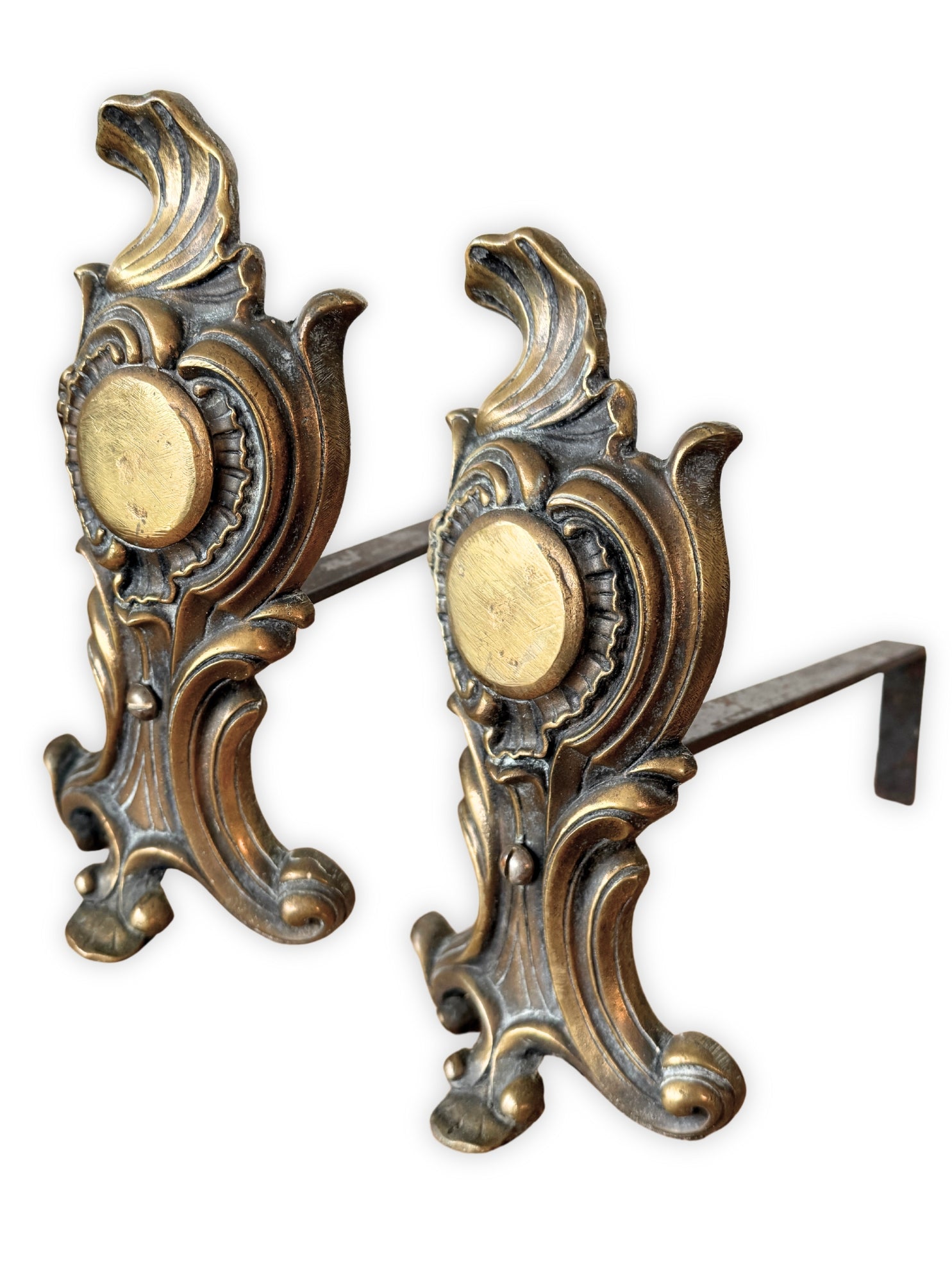 Vintage French brass andirons decorative firedogs 19th century