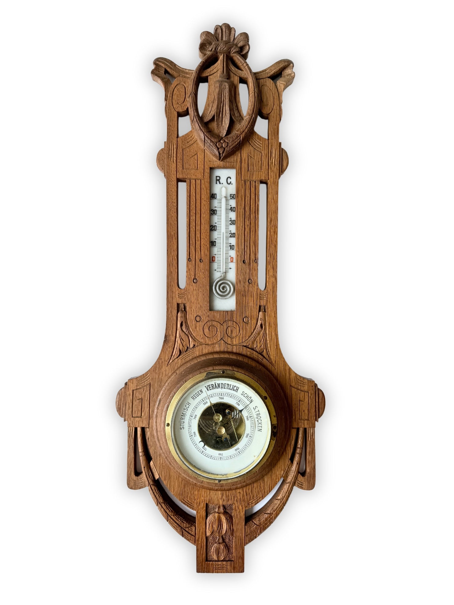 Jugendstil Wetterstation Barometer aus Holz geschnitzt um 1900