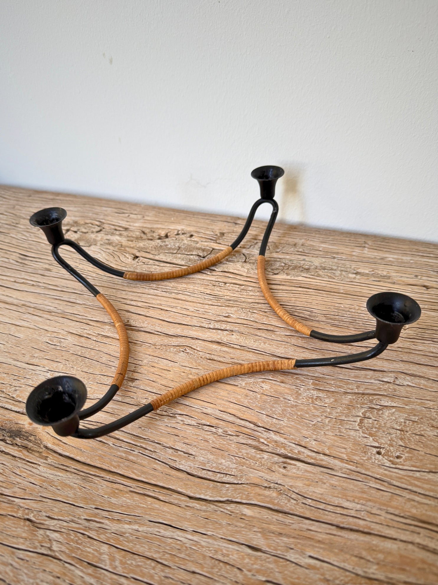 Vintage Danish metal candle holder with rattan detail LL Denmark String Design