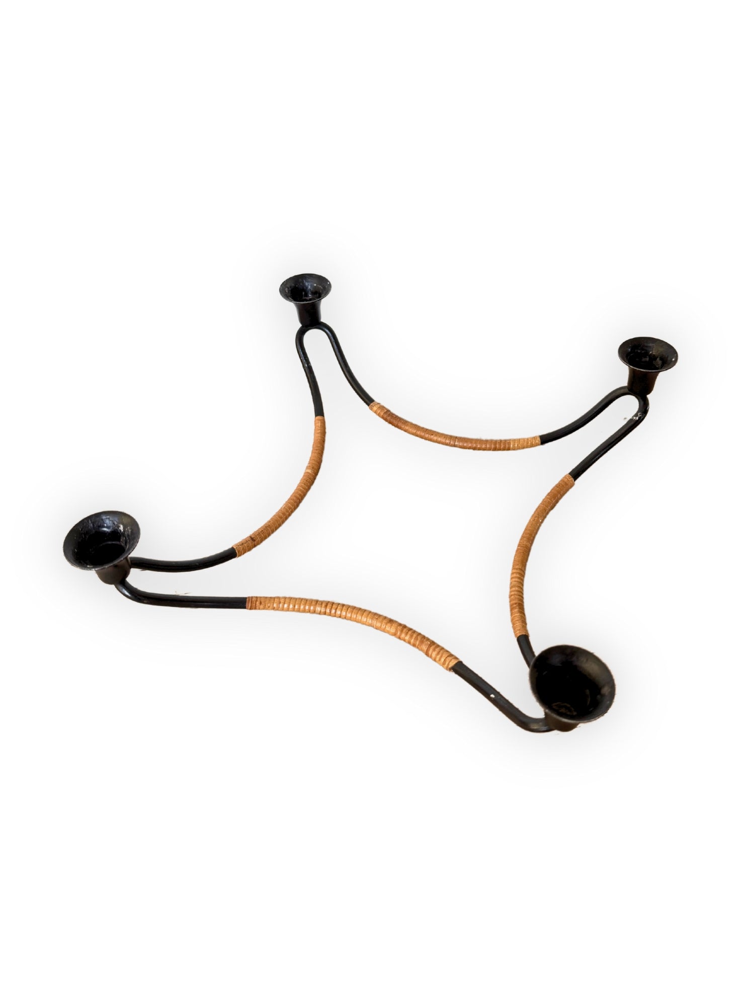 Vintage Danish metal candle holder with rattan detail LL Denmark