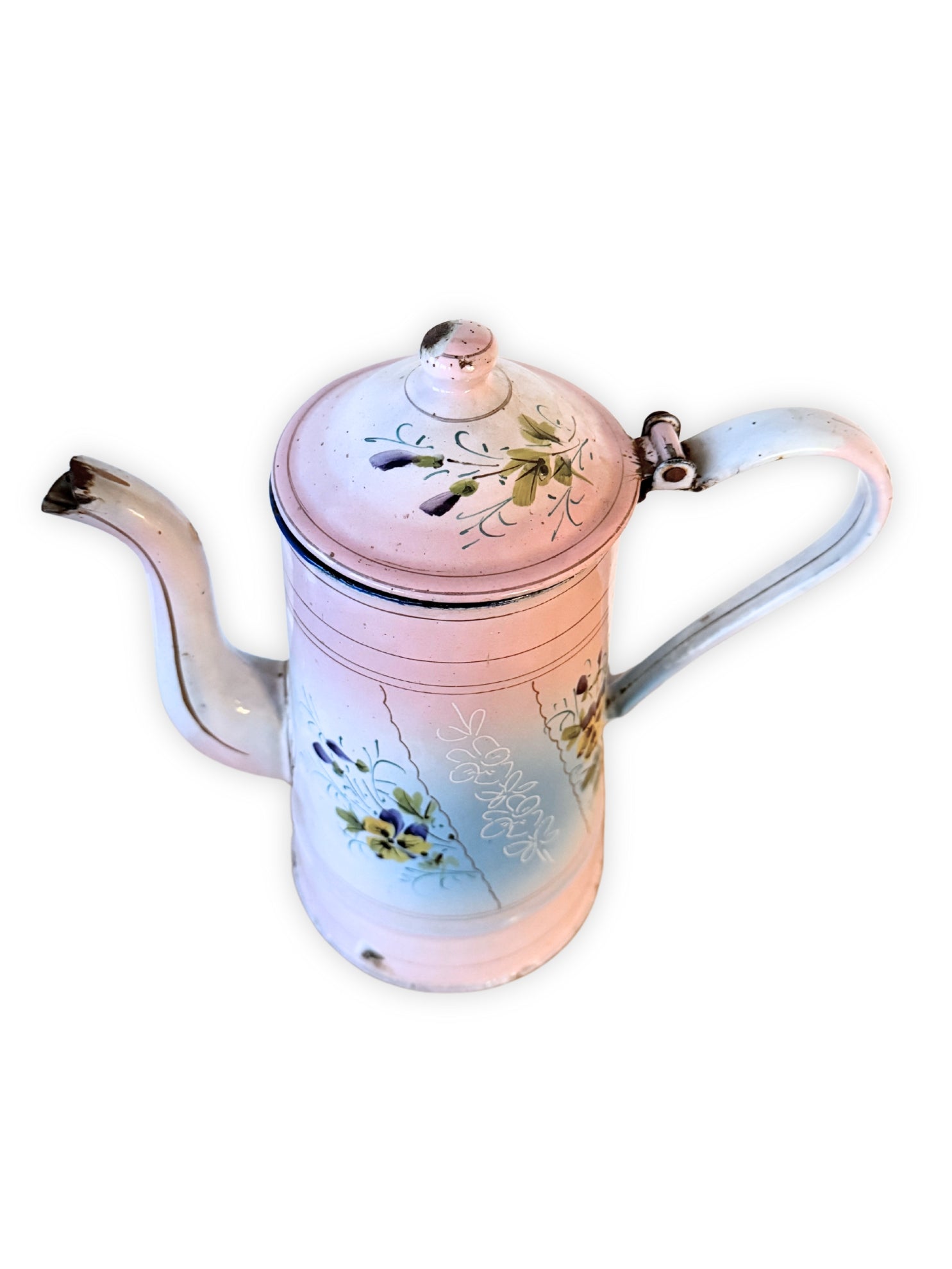 Antike französische Emaille Kaffeekanne Blumen Muster Stiefmütterchen um 1920