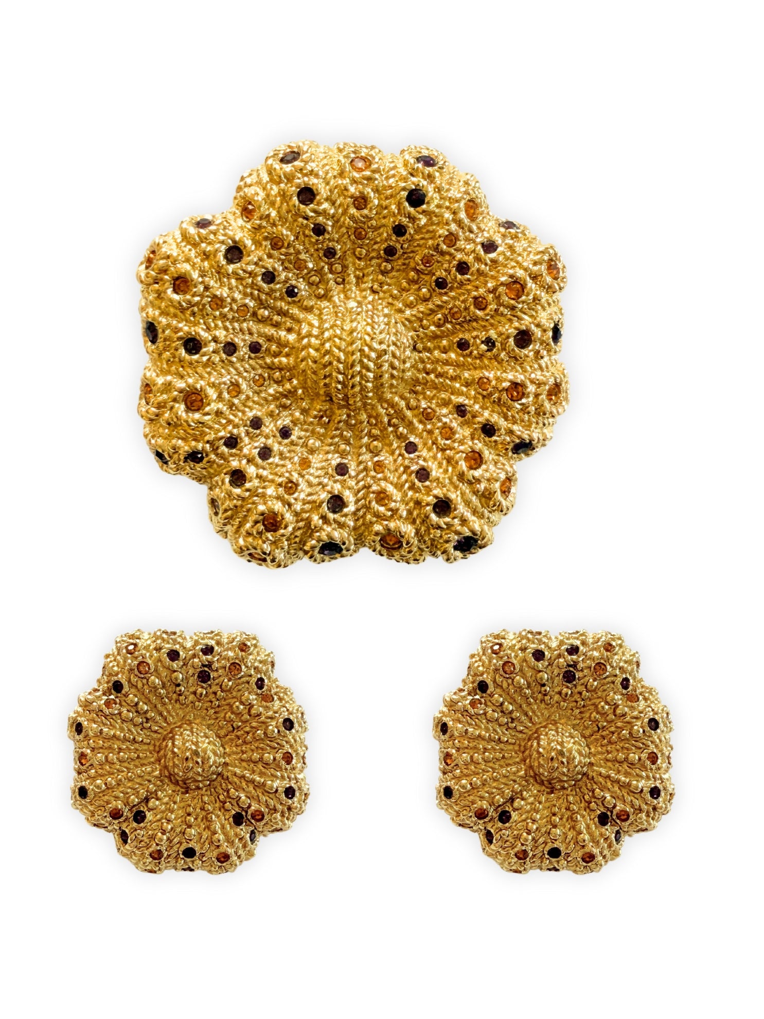 Nina Ricci 1980s rhinestone flower brooch and clip-on earrings set