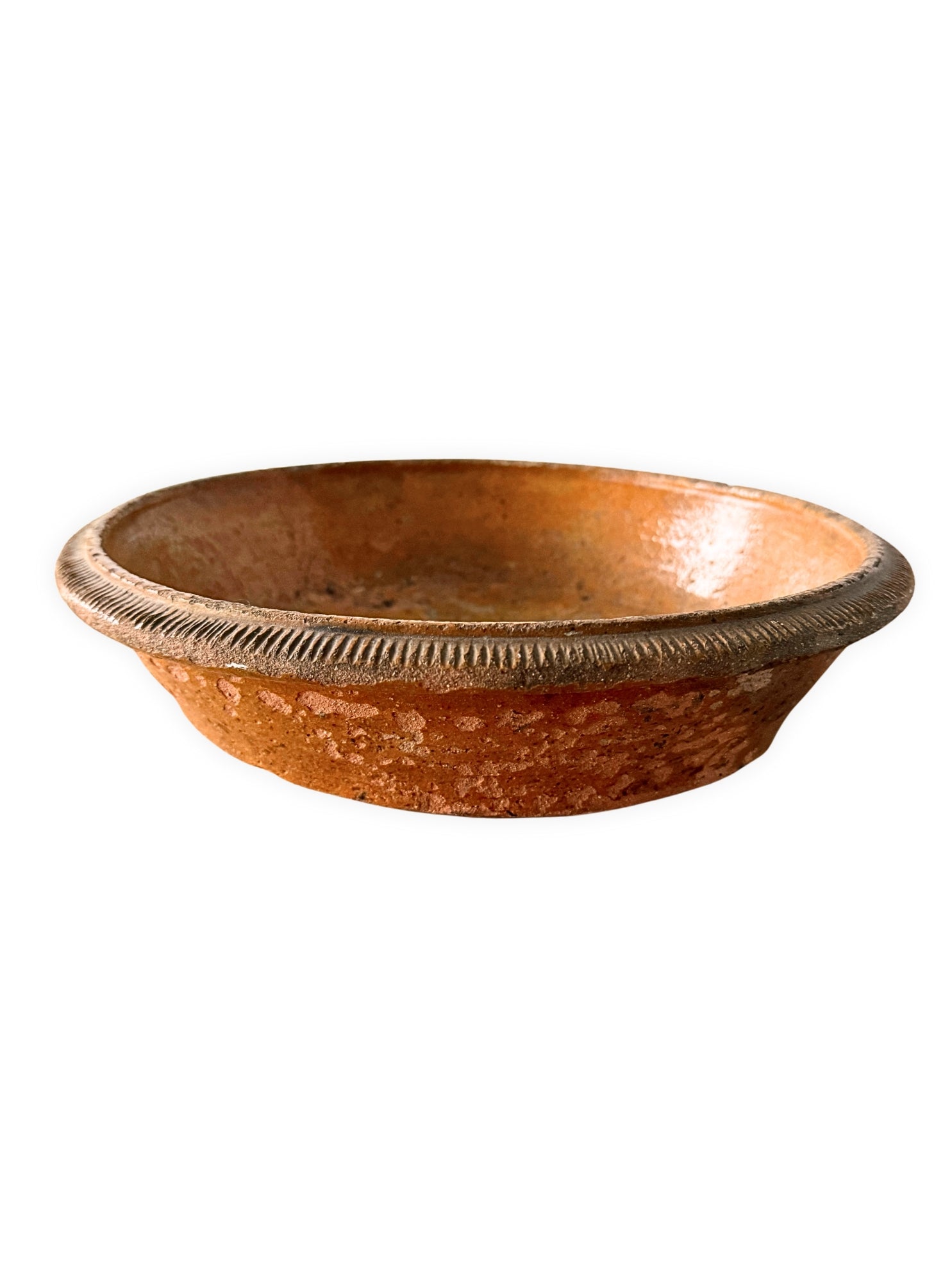 French antique terracotta confit bowl glazed yellow brown