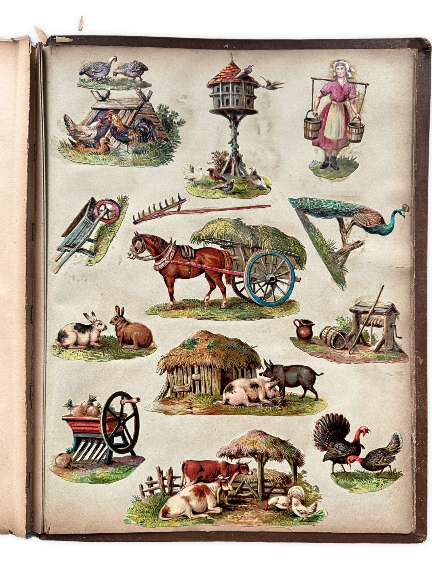 Album mit Oblaten Glanzbilder 1900 Bauernhof Tiere