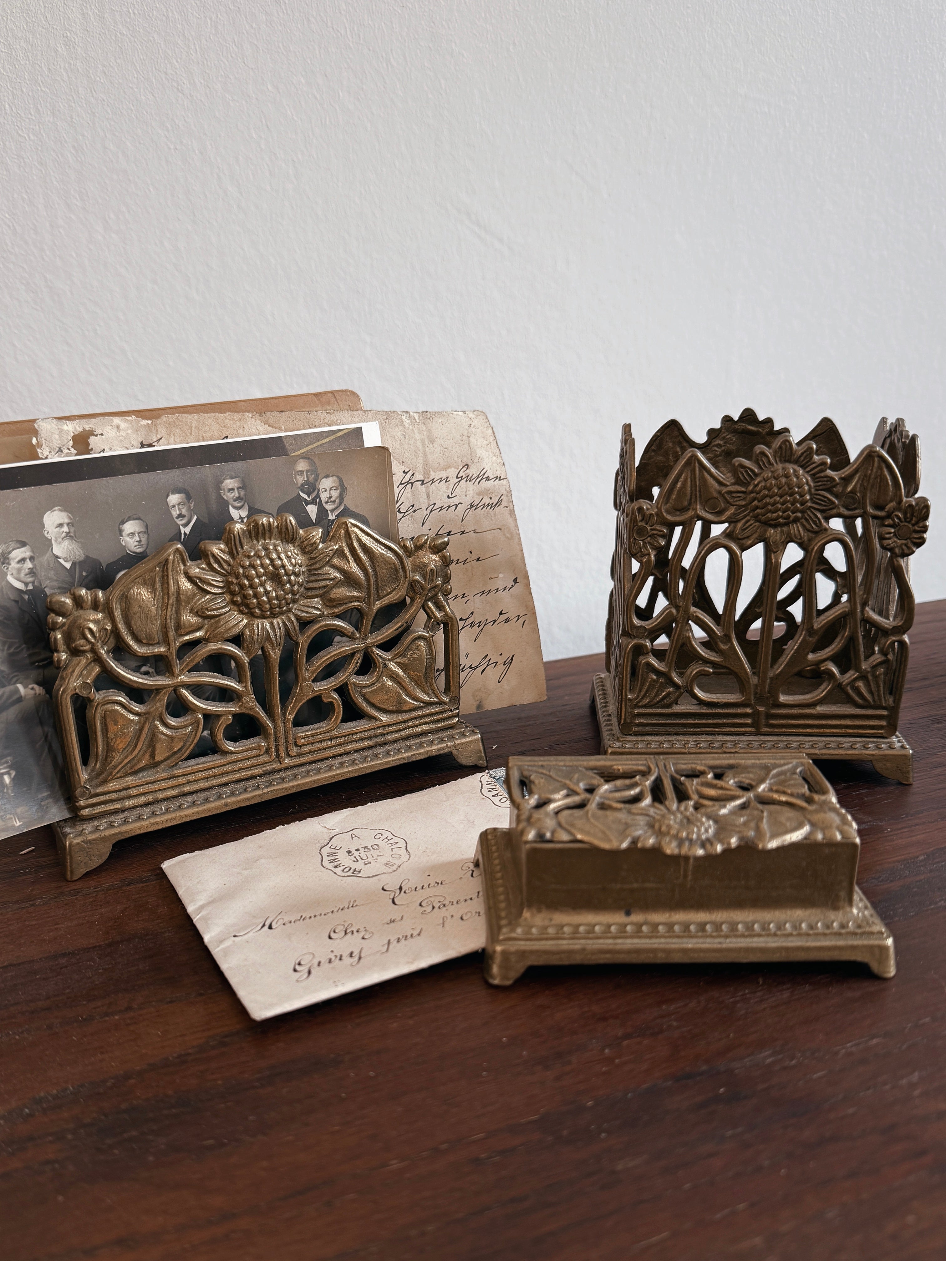 Antikes Messing Schreibtisch Set Art Nouveau