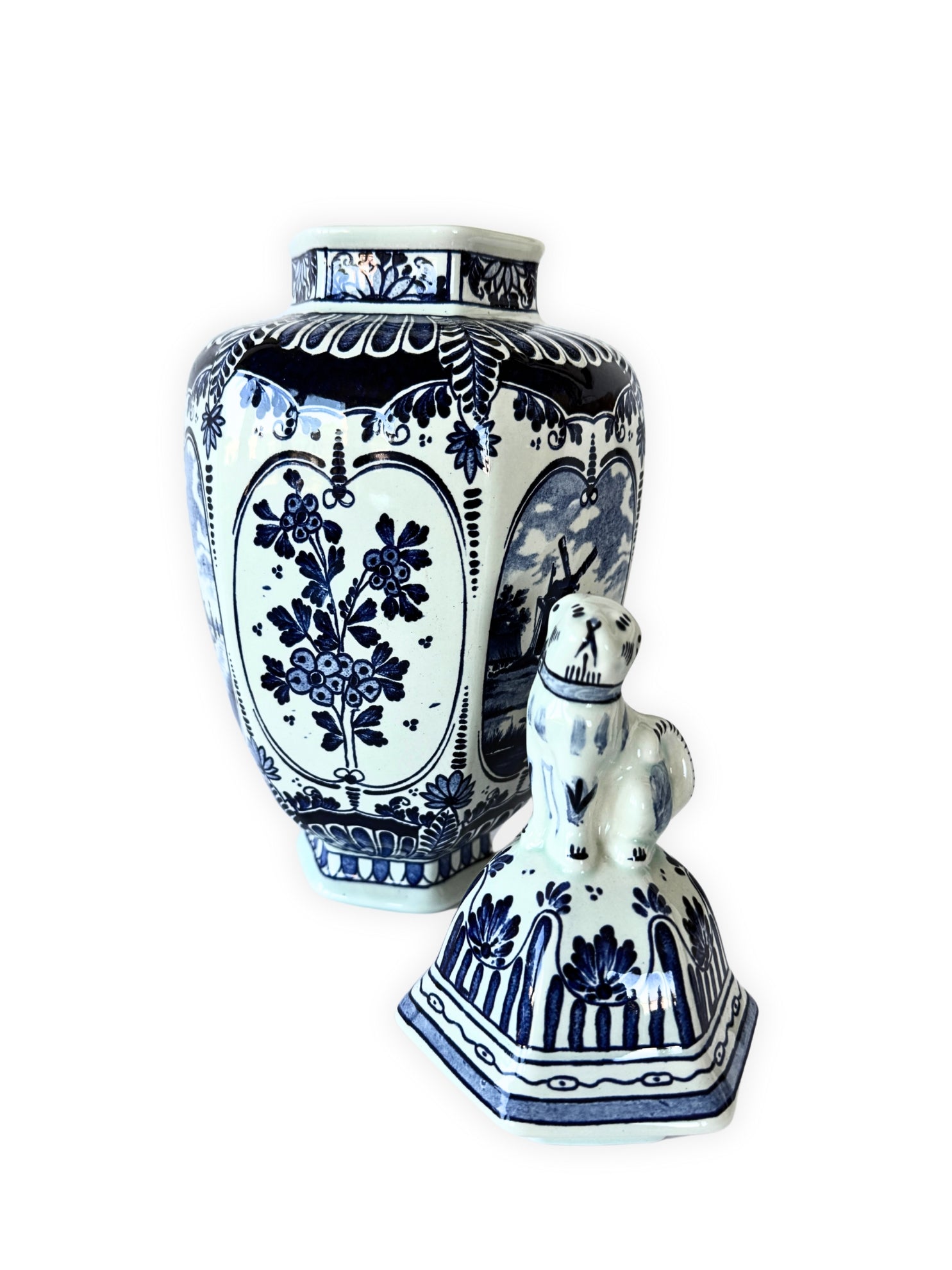 Delfter Urne Boch Royal Sphinx – Handbemalte Keramik mit Hundeaufsatz