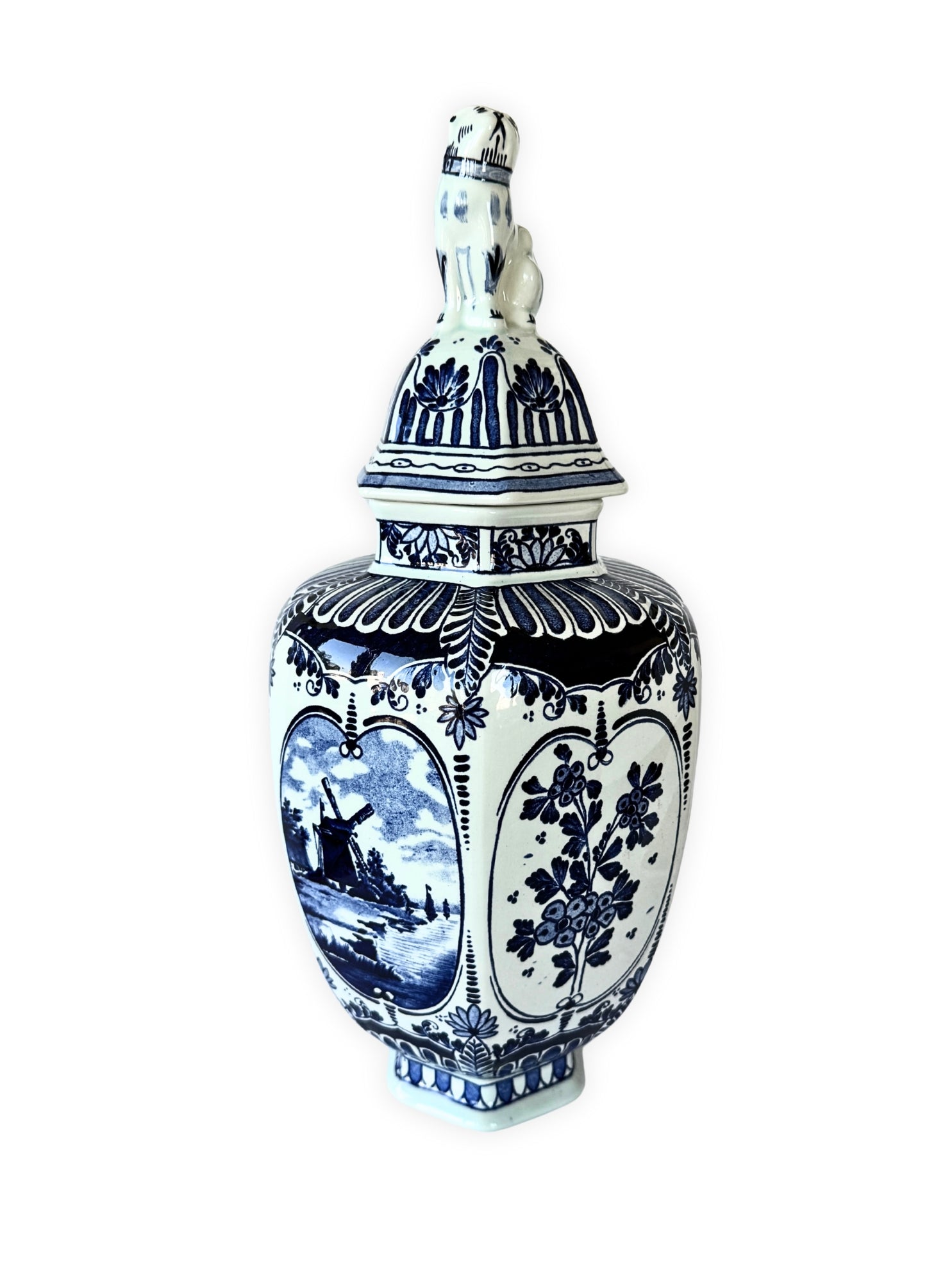 Delfter Urne Boch Royal Sphinx – Handbemalte Keramik mit Hundeaufsatz