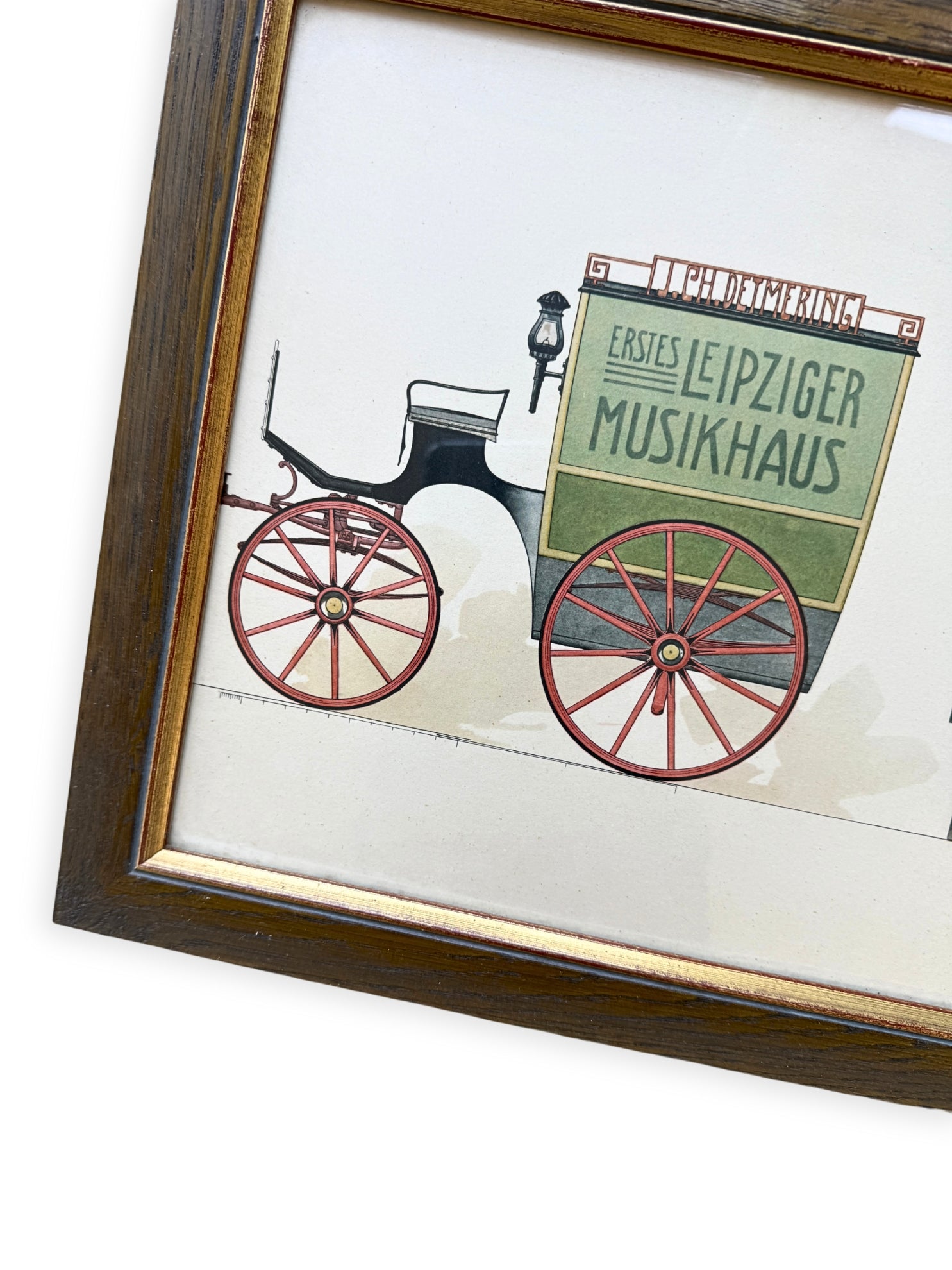 Gerahmte Lithographie historische Kutsche Leipziger Musikhaus