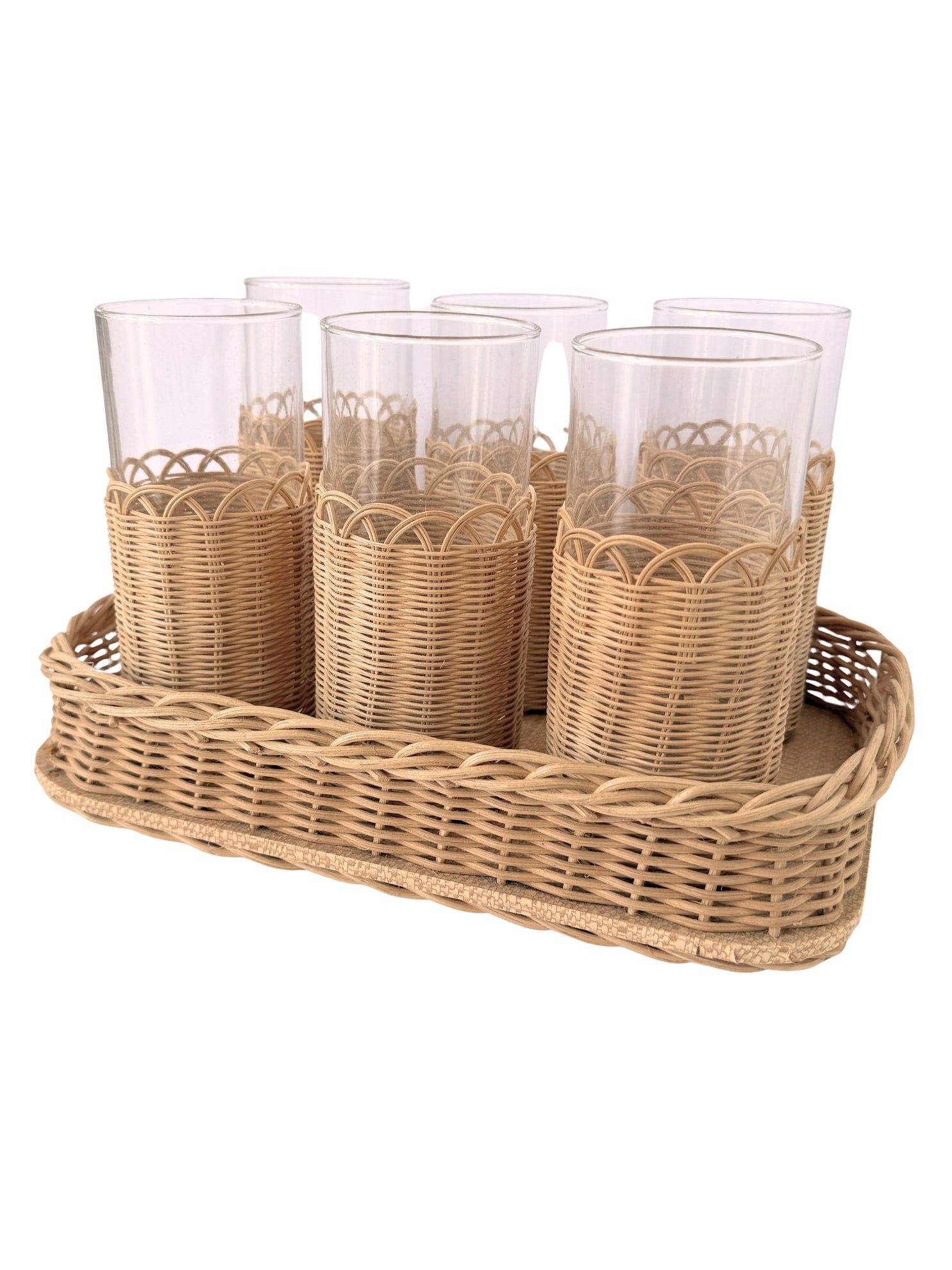 6er-Set Gläser mit Rattangeflecht und Tablett 60er Jahre Barware