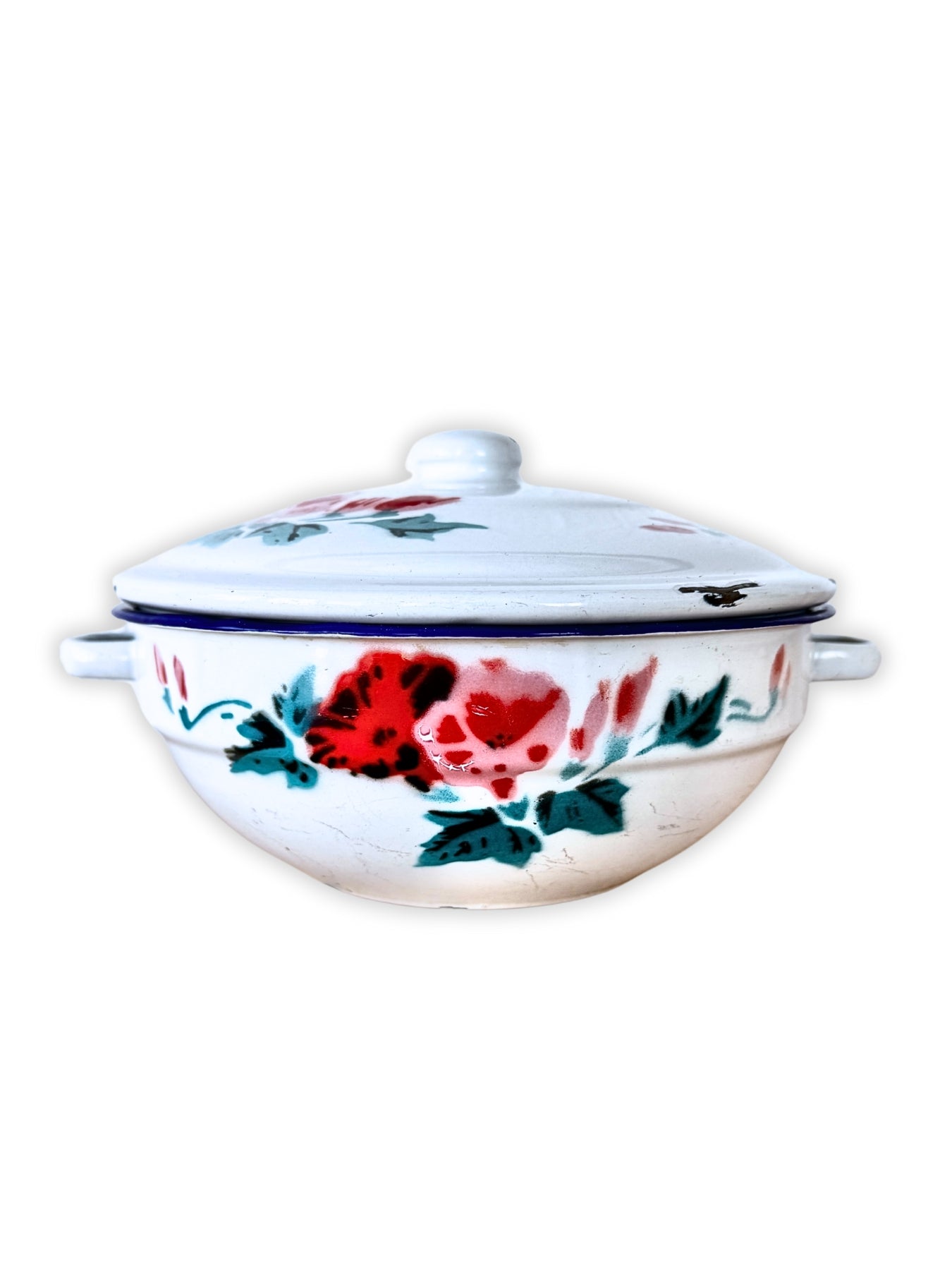 Antike Emaille Terrine Topf mit Deckel Blumen-Motiv um 1930 Bumper Harvest 18 cm