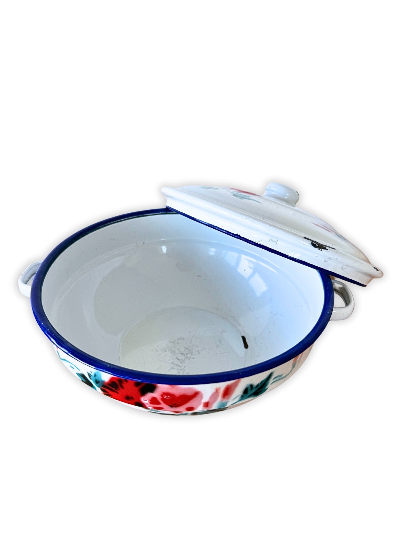 Antike Emaille Terrine Topf mit Deckel Blumen-Motiv um 1930 Bumper Harvest 18 cm