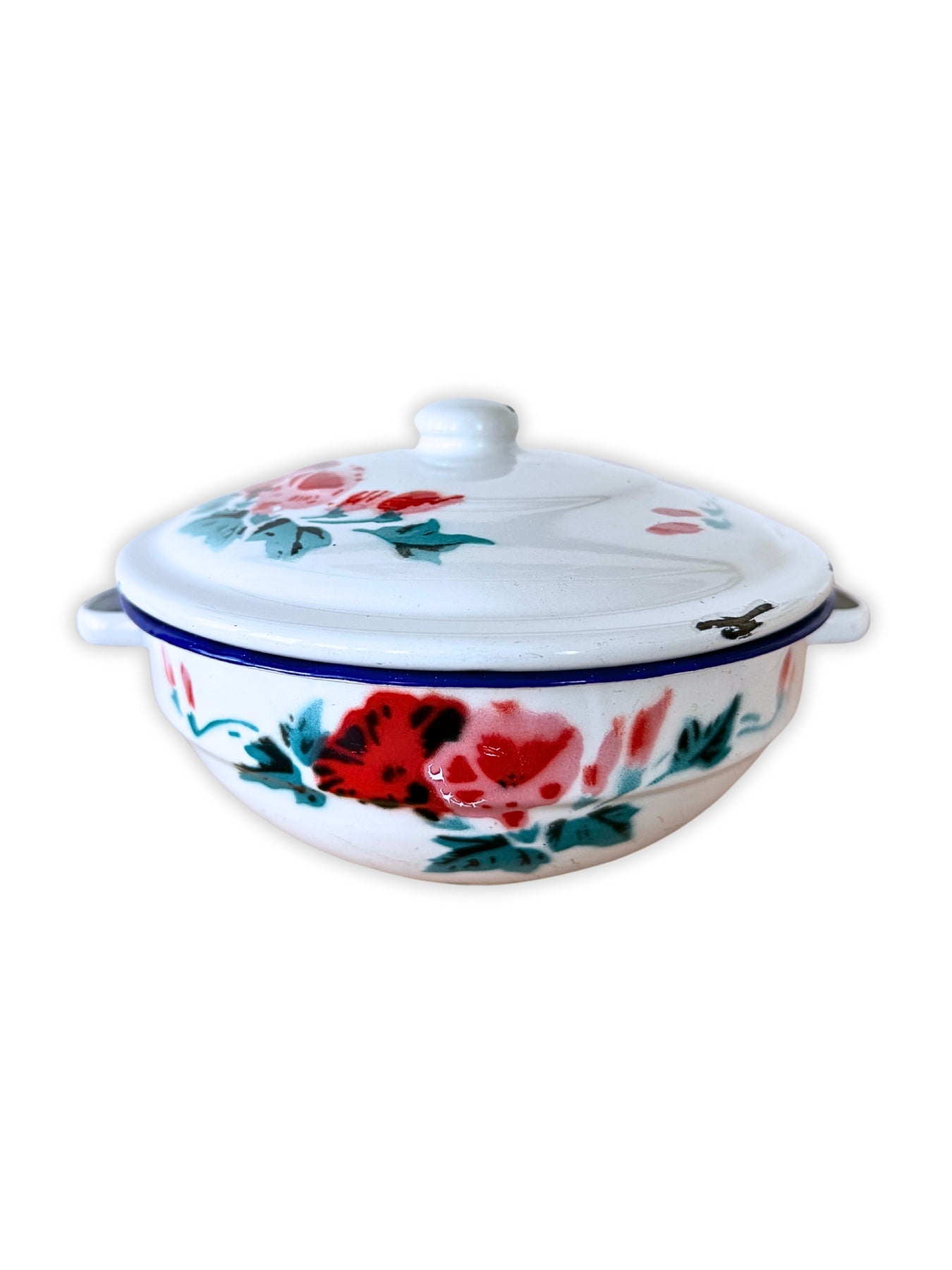 Antike Emaille Terrine Topf mit Deckel Blumen-Motiv um 1930 Bumper Harvest 18 cm