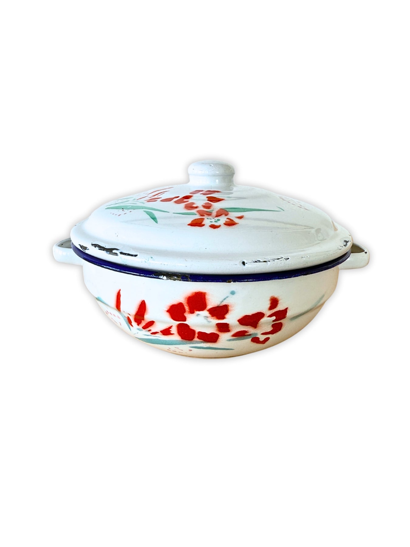 Antike Emaille Terrine Topf mit Deckel Blumen-Motiv um 1930 Bumper Harvest 16 cm