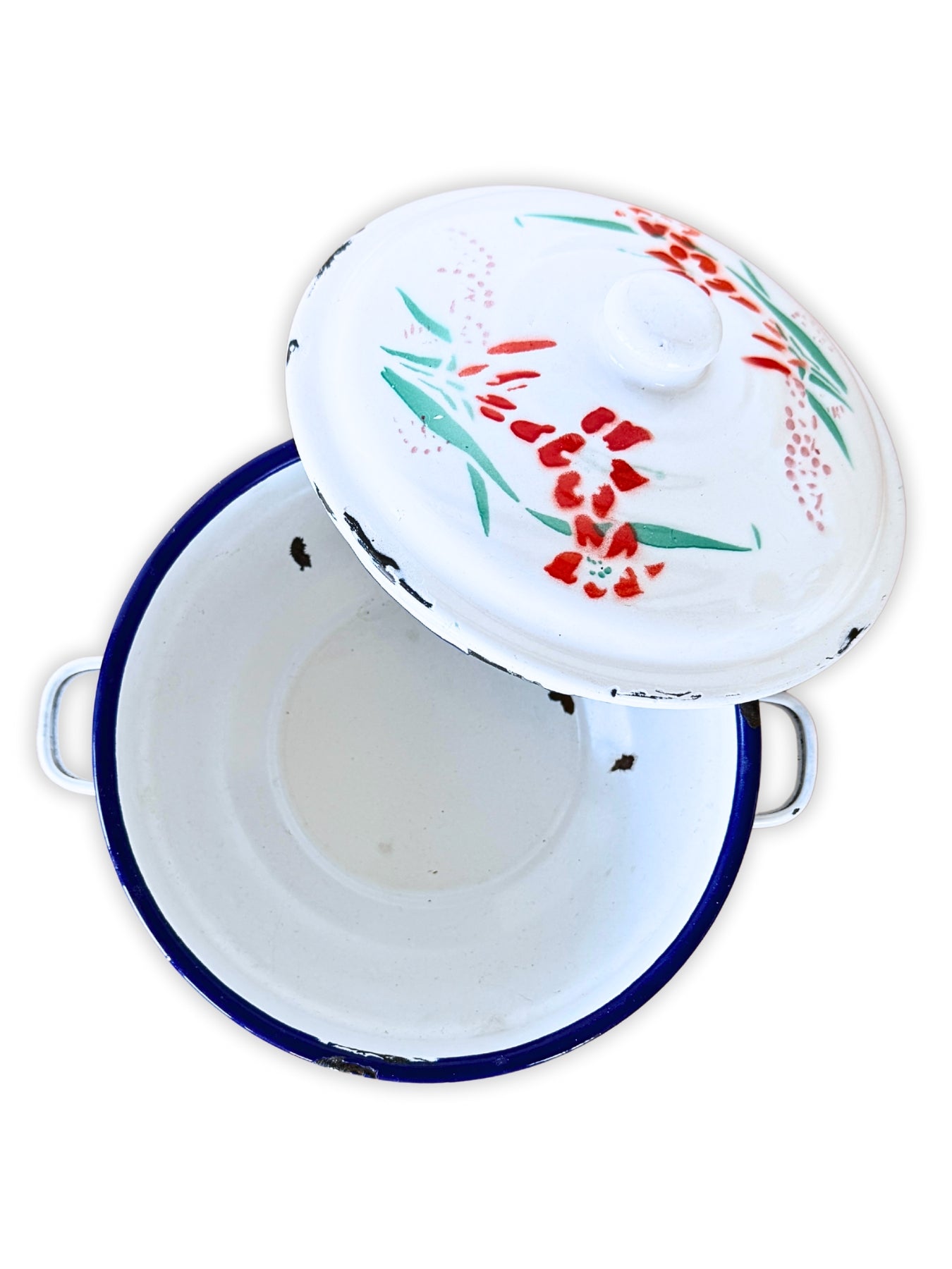 Antike Emaille Terrine Topf mit Deckel Blumen-Motiv um 1930 Bumper Harvest 16 cm