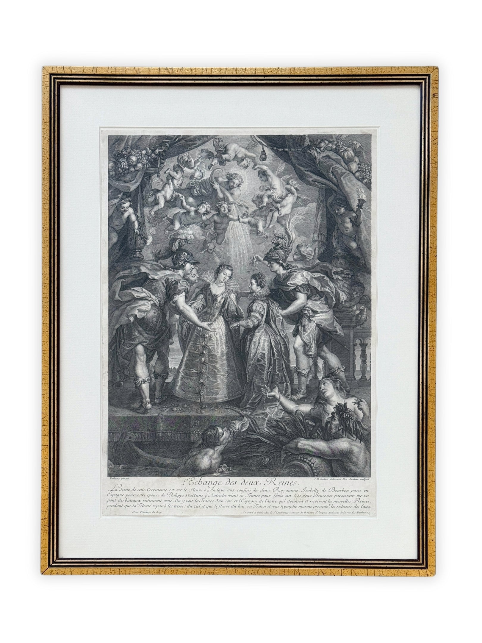 Kupferstich L'Echange des deux Reines Audran Nattier nach Peter Paul Rubens 18. Jh.