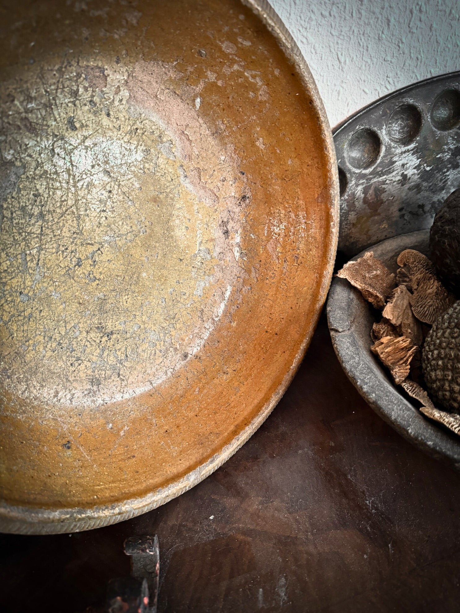 French antique terracotta confit bowl glazed yellow brown