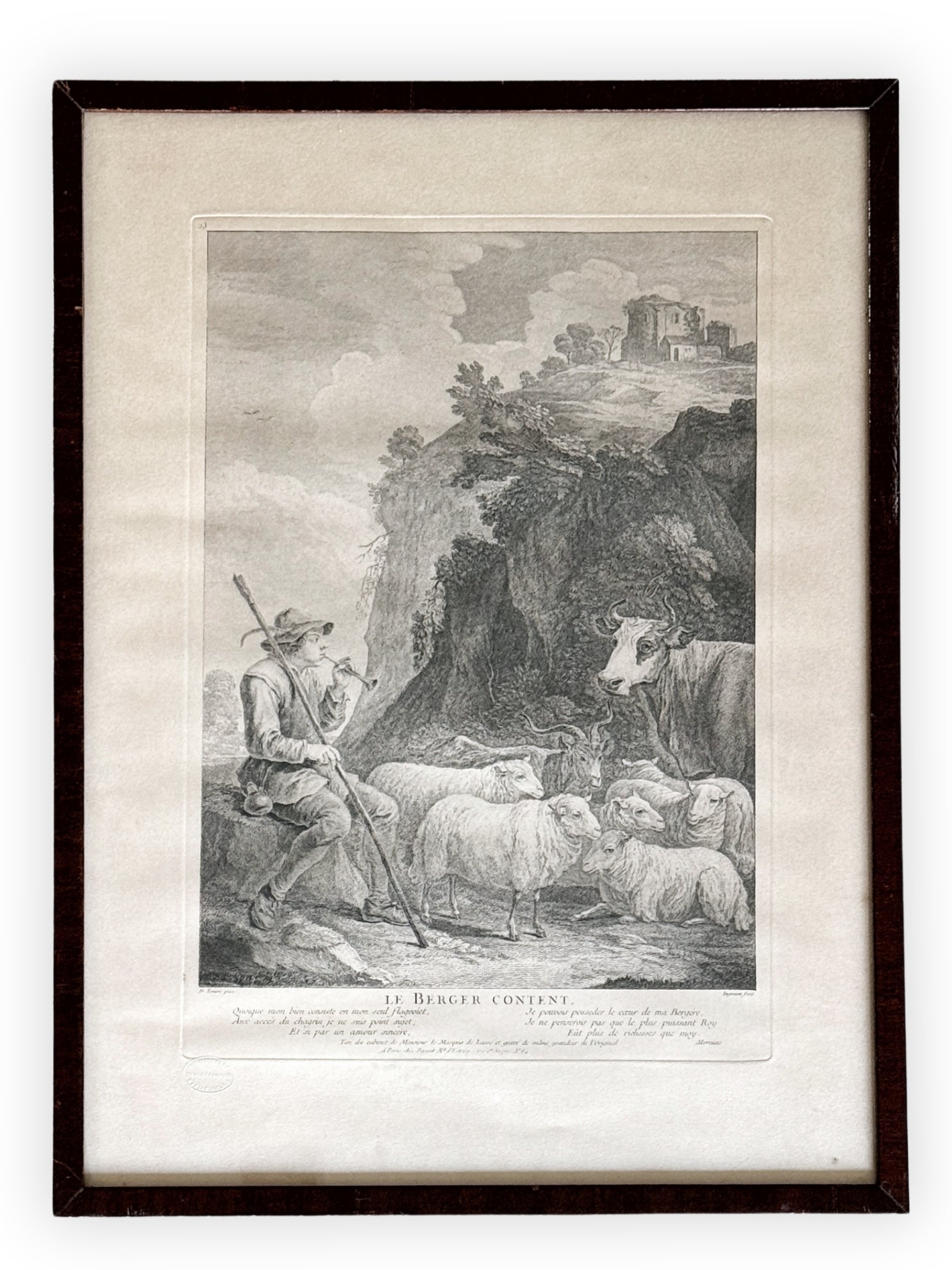 Antique John Ingram engraving Le Berger Content David Teniers scene
