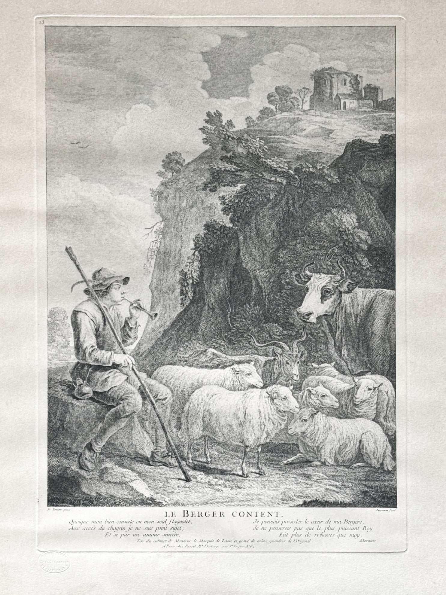 Antique John Ingram engraving Le Berger Content David Teniers scene