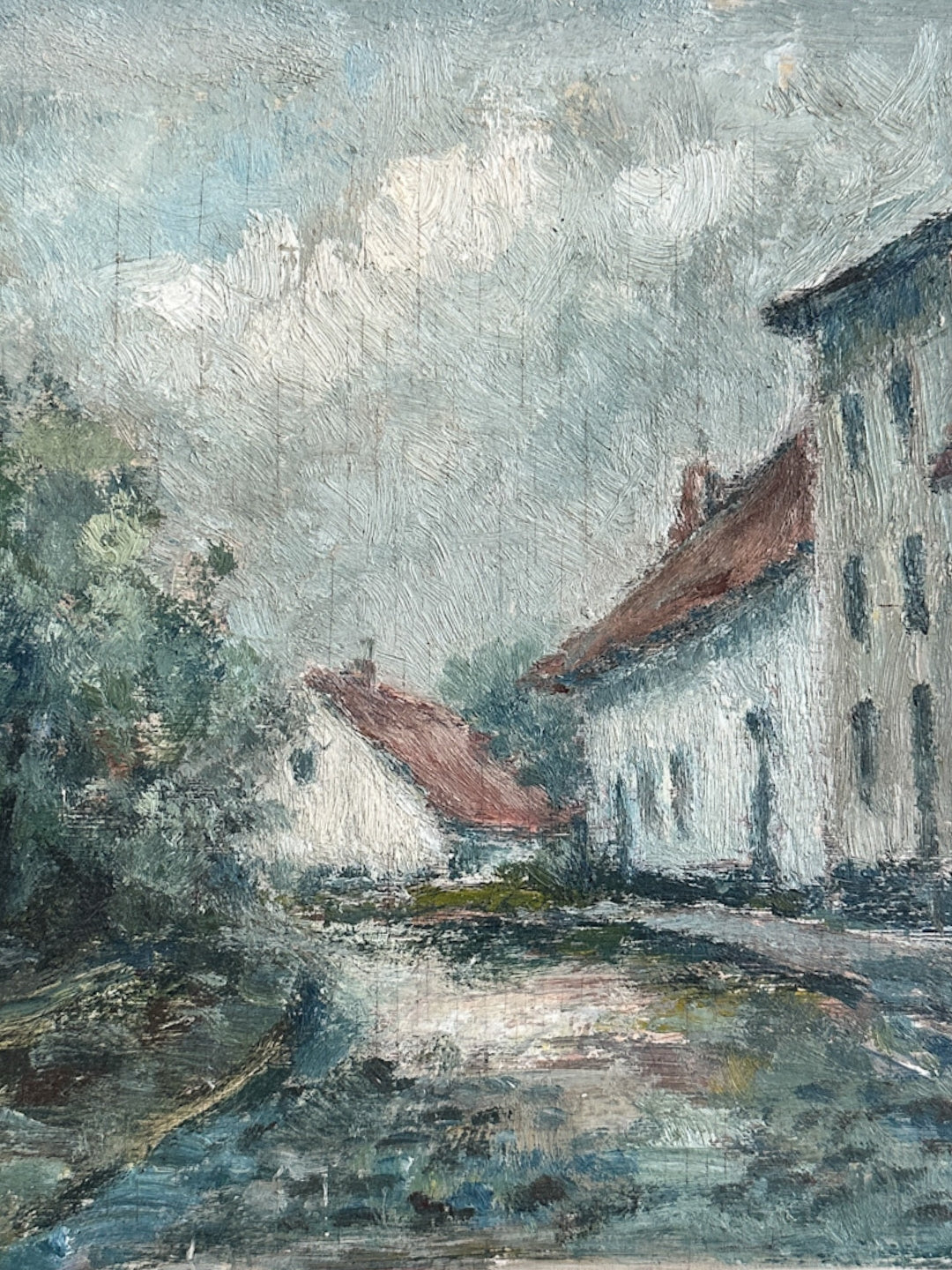 Kleines pastellfarbenes Ölgemälde auf Holzplatte
