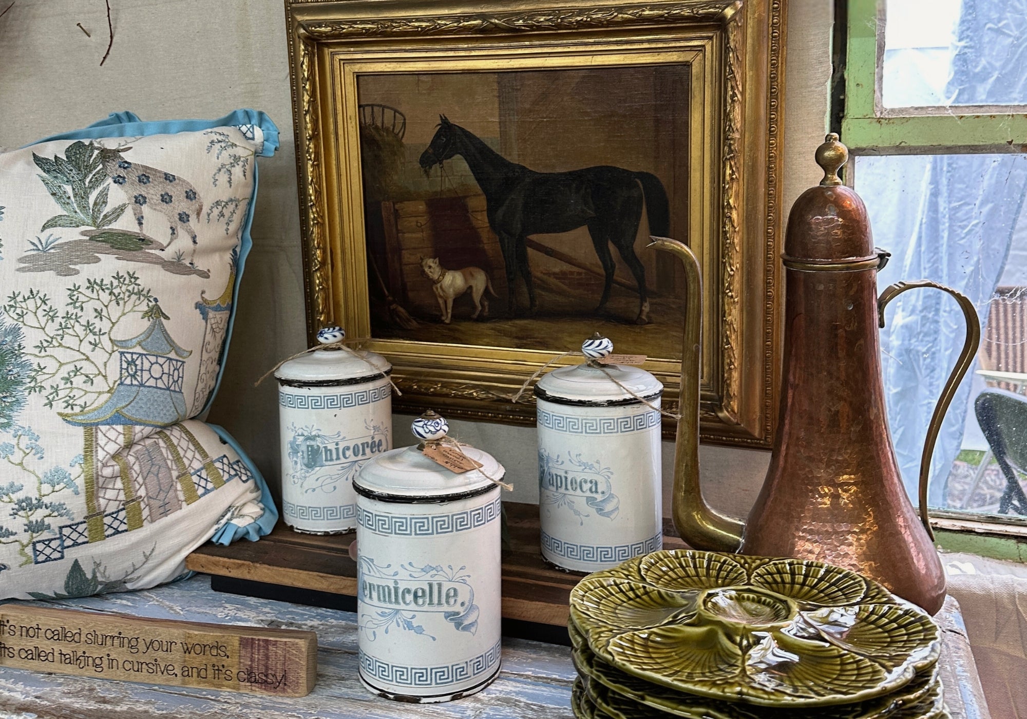Livinta Vintage Shop Enamel Oil Paintings Brass Ceramics