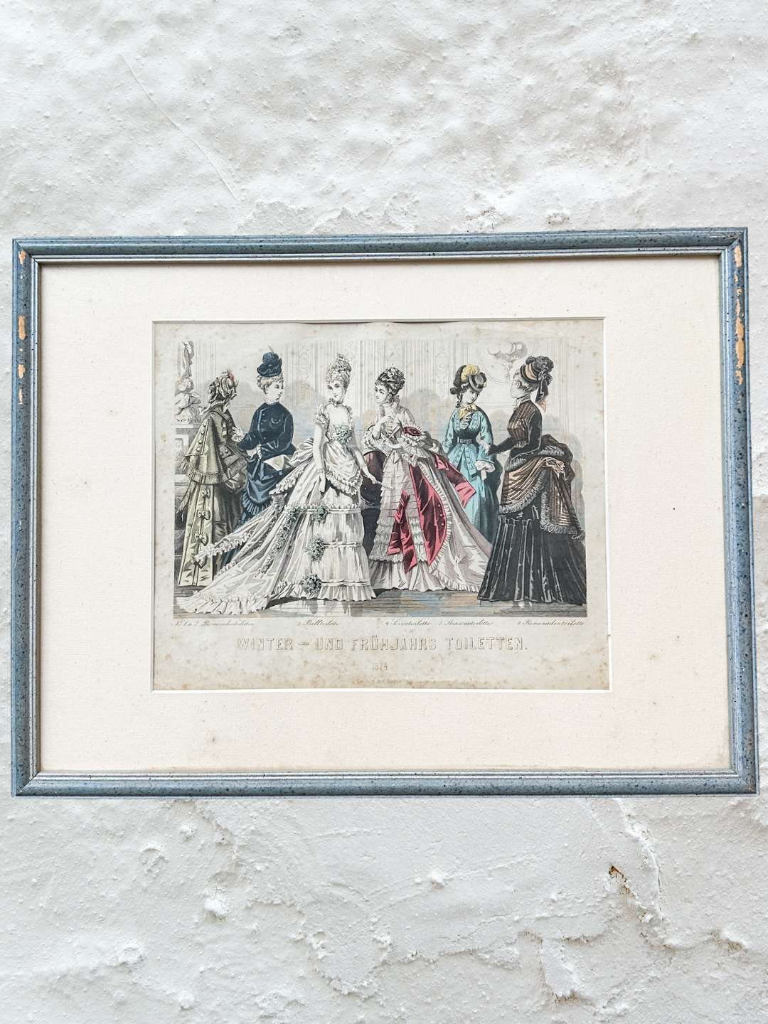 Kolorierter Stahlstich Winter-Frühjahrs-Toiletten Paris 1874 Le Monieur de la Mode