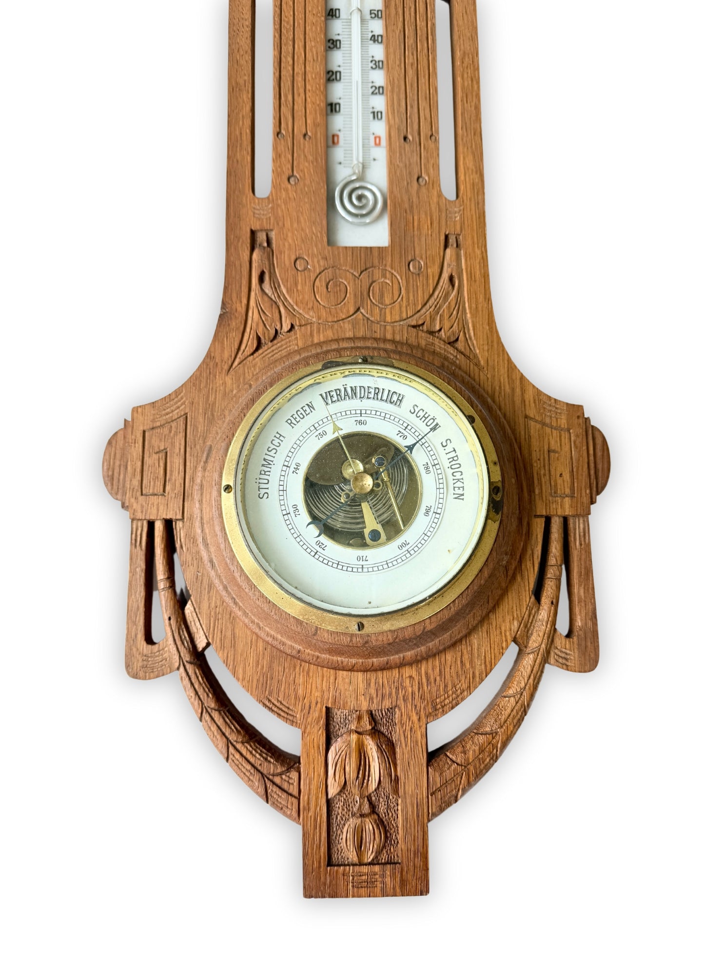 Jugendstil Wetterstation Barometer aus Holz geschnitzt um 1900