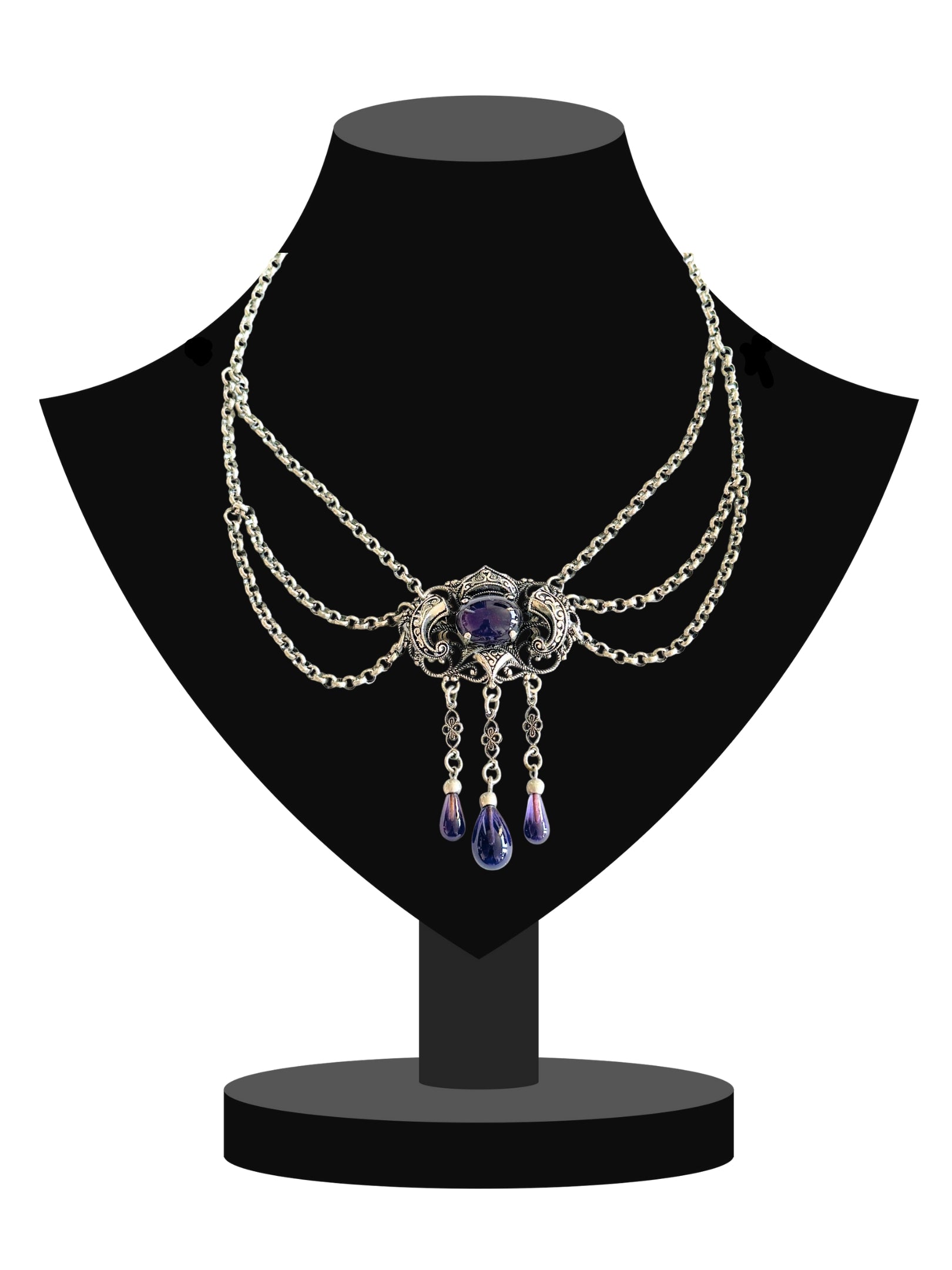 Historische Trachtenkette mit Amethyst-Cabochon und Tropfenanhängern