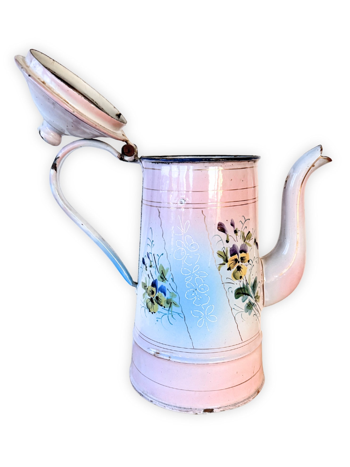 Antike französische Emaille Kaffeekanne Blumen Muster Stiefmütterchen um 1920