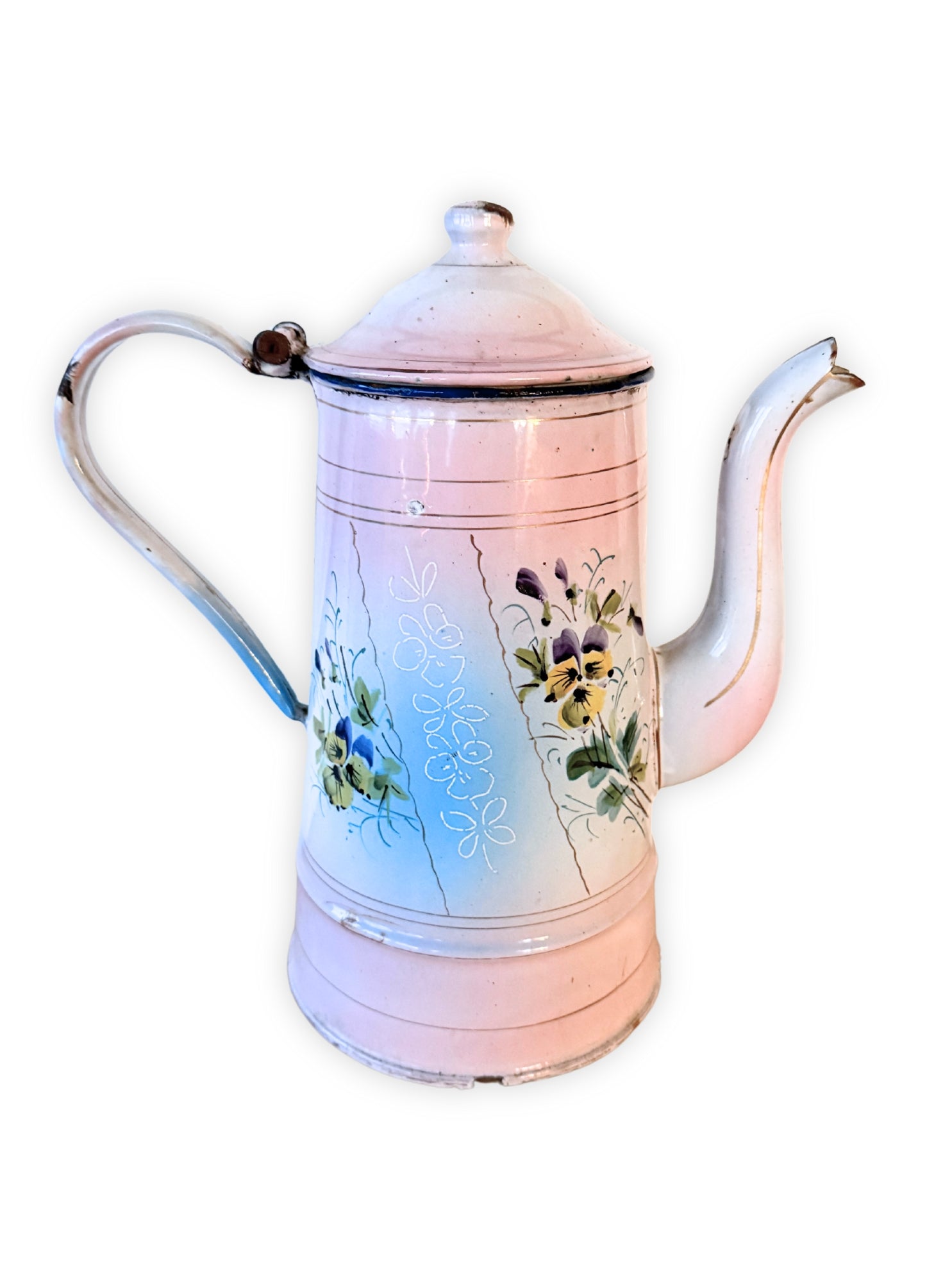 Antike französische Emaille Kaffeekanne Blumen Muster Stiefmütterchen um 1920