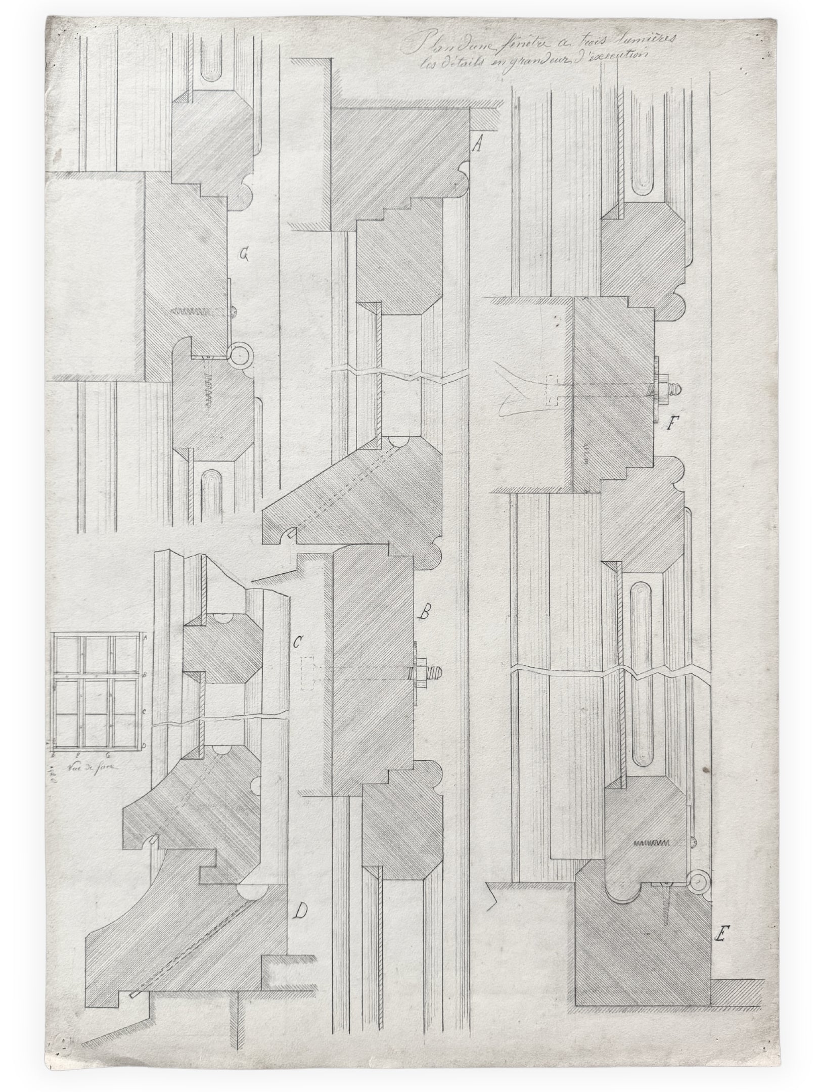 Architektur Zeichnungen - Detailansicht Fenster Aufbau Mechanismus 1890