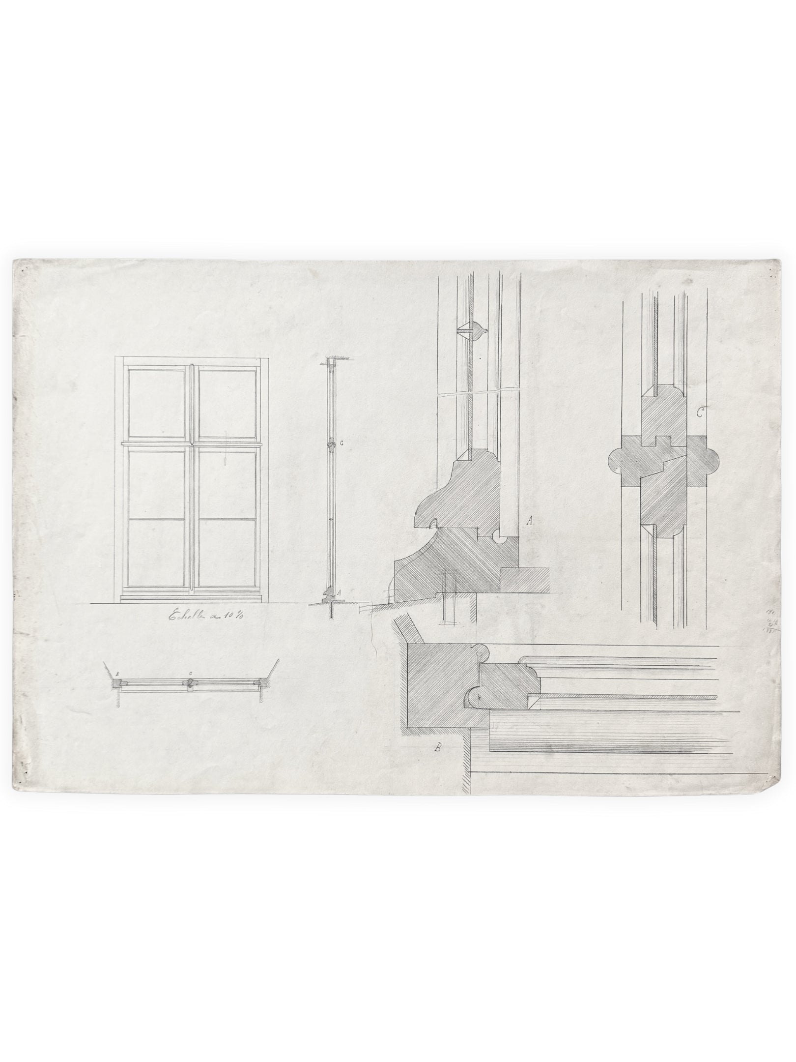 Architektur Zeichnungen - Detailansicht Fenster Aufbau Mechanismus 1890