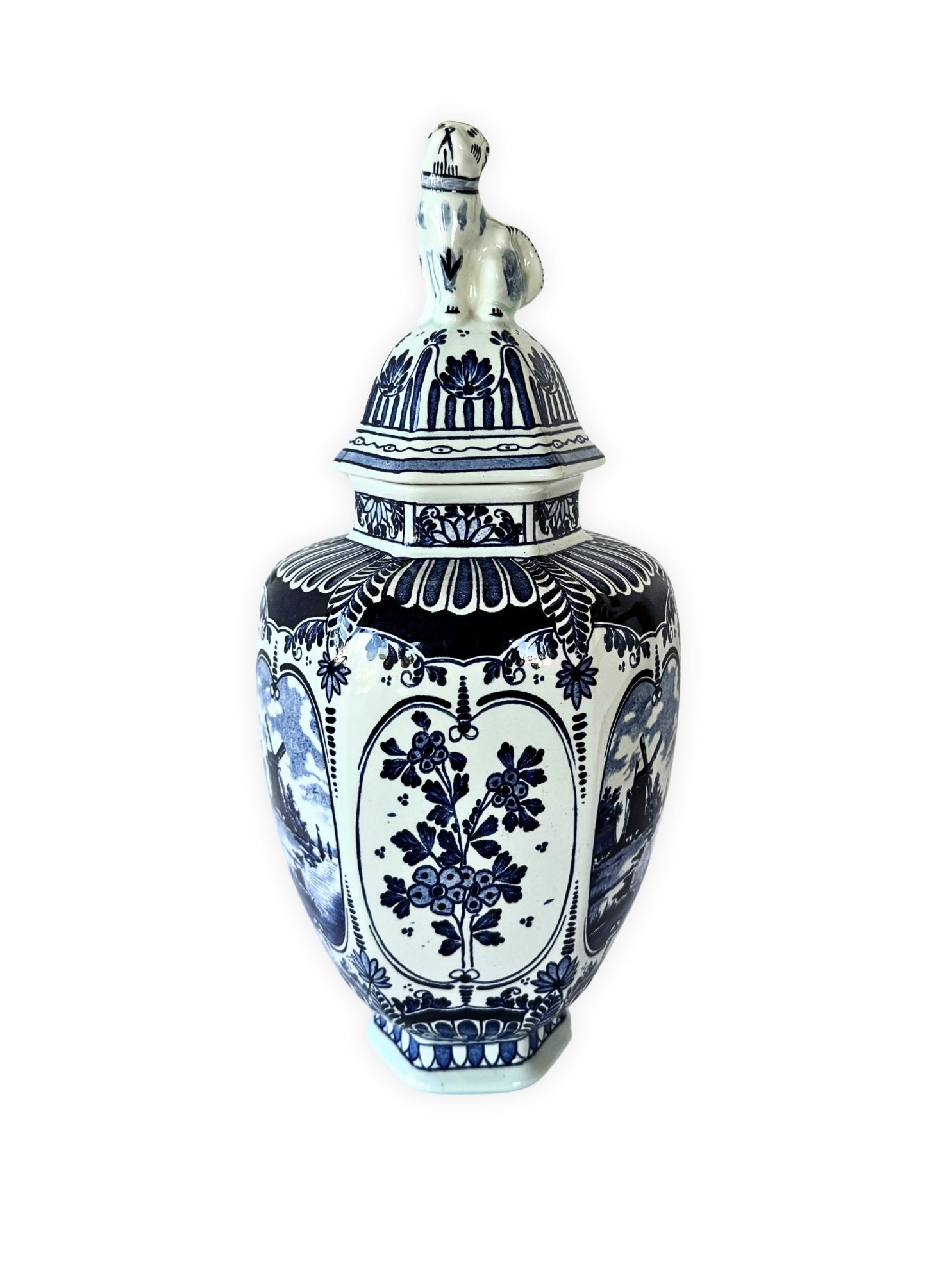 Delfter Urne Boch Royal Sphinx – Handbemalte Keramik mit Hundeaufsatz