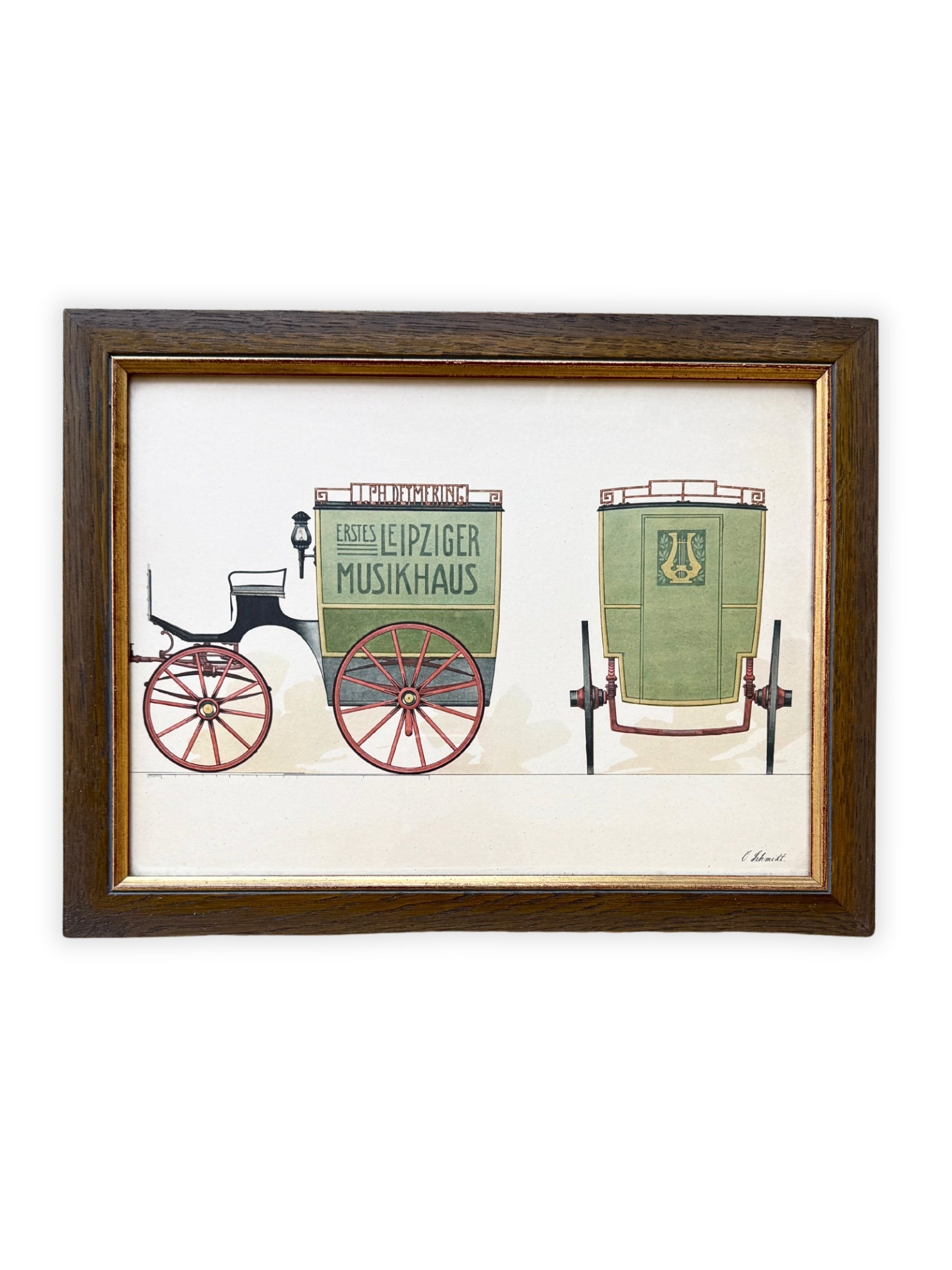 Vintage Lithographie Historische Kutschenansicht - Erstes Leipziger Musikhaus