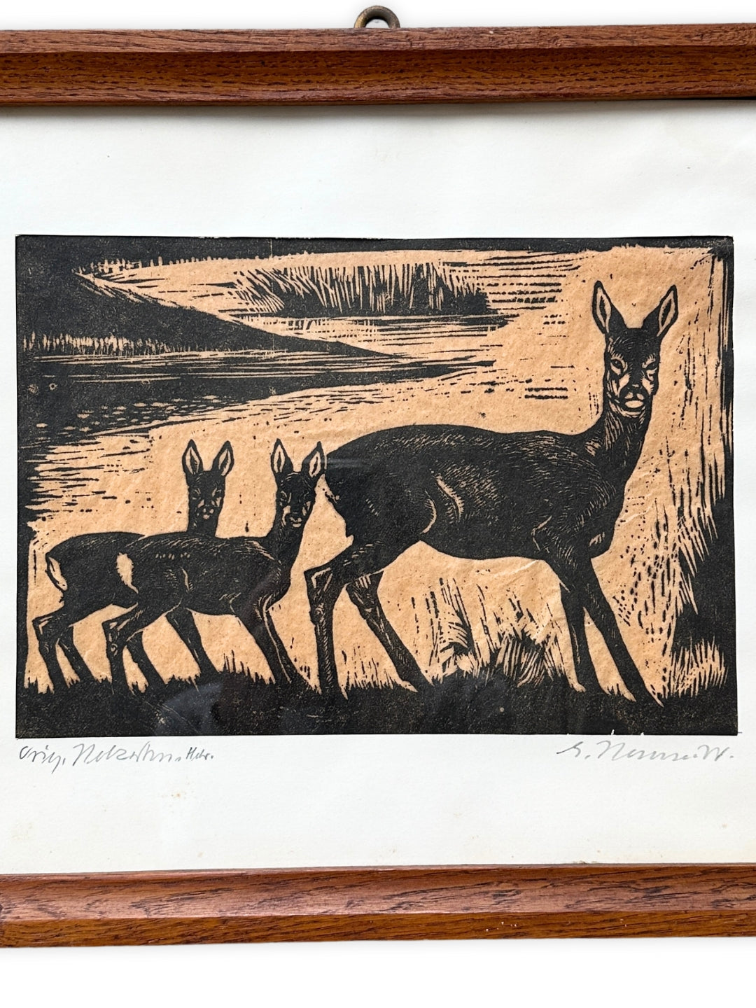 Orig. Holzschnitt "Rehe am Fluss" um 1930