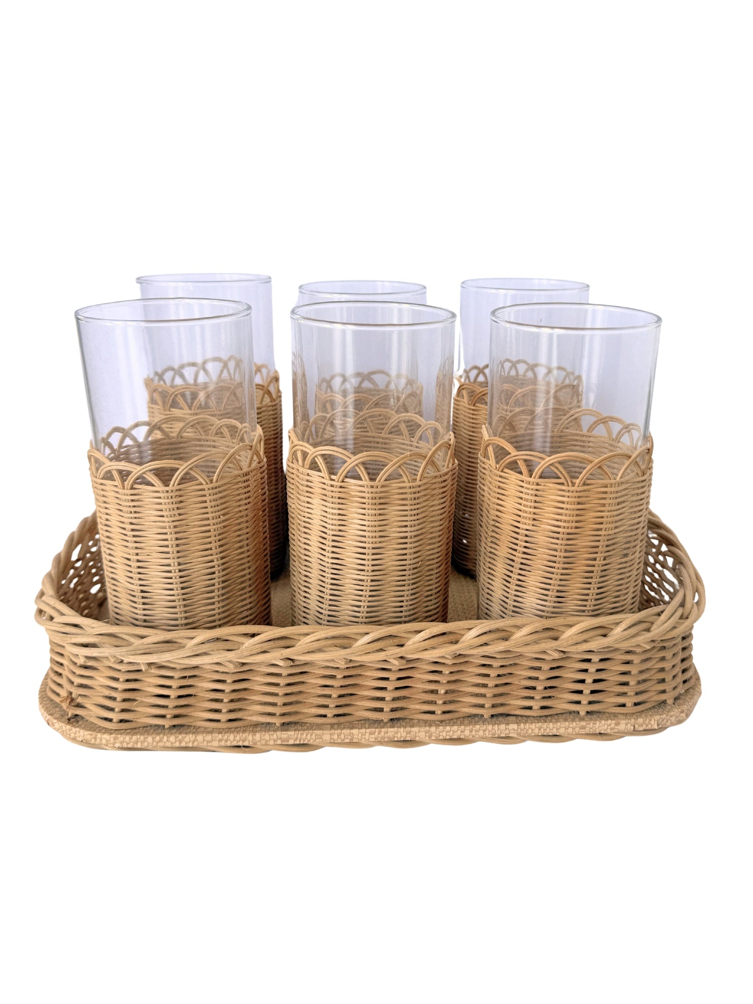 6er-Set Gläser mit Rattangeflecht und Tablett 60er Jahre Barware