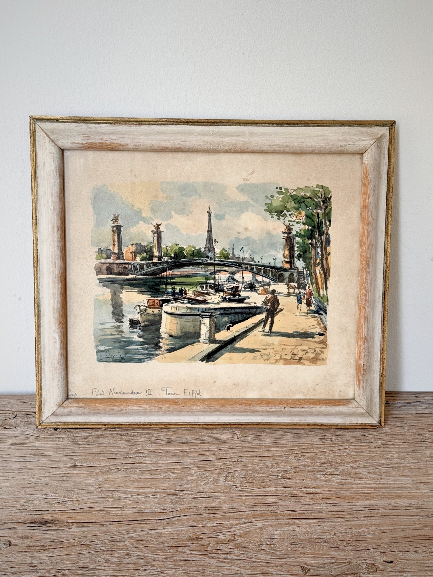 Vintage Aquarell Paris 1950er Jahre Pont Alexandre Tour Eiffel gerahmt