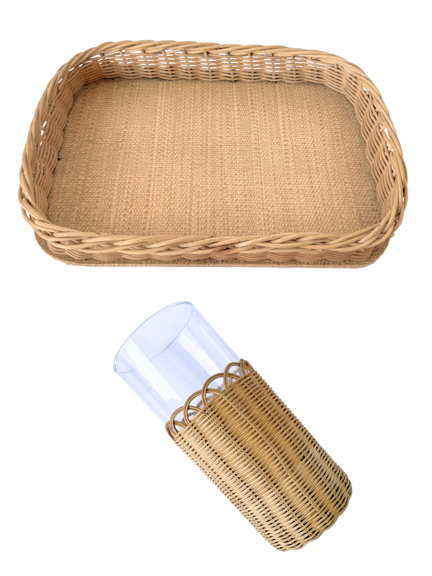6er-Set Gläser mit Rattangeflecht und Tablett 60er Jahre Barware