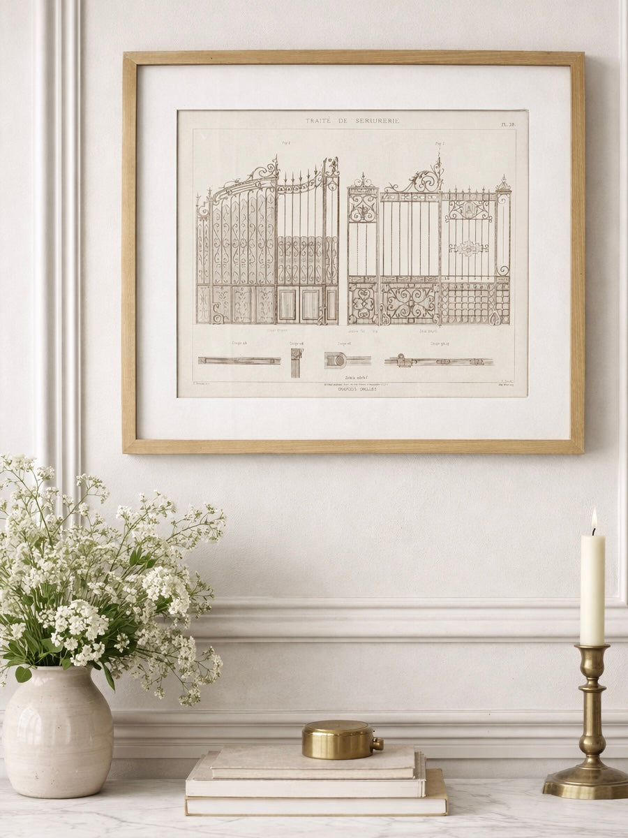 Französische Architekturzeichnung Lithografie – Traité de Serrurerie Pl. 39