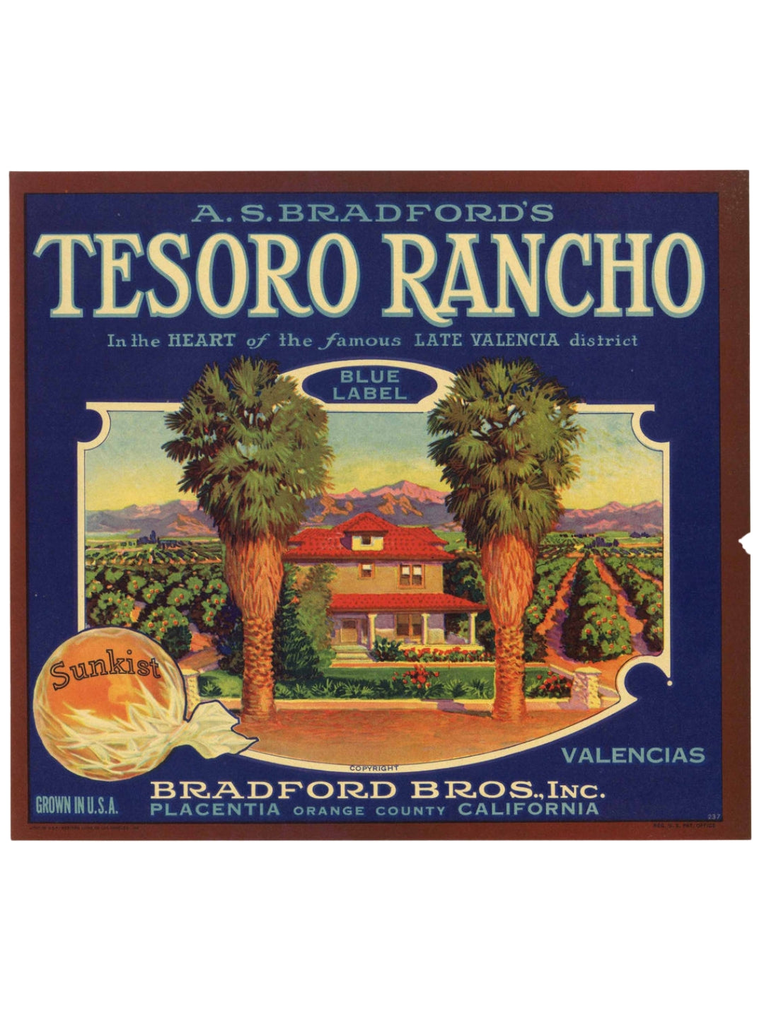 Vintage „Tesoro Rancho“ Orangenkistenetikett 1940er Jahre