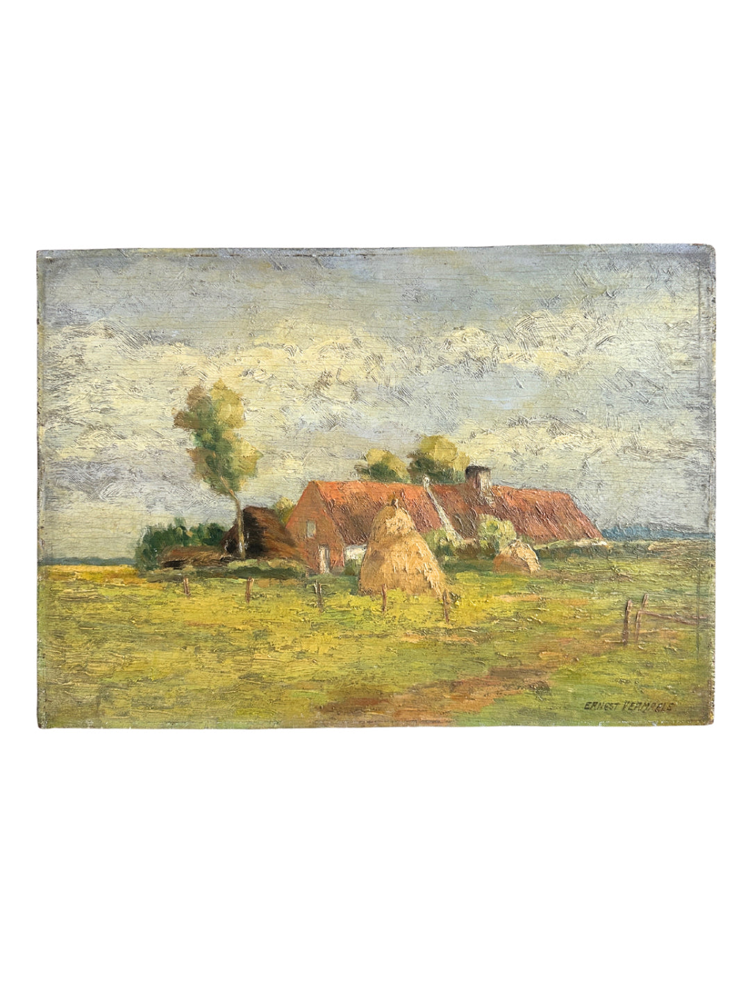 Oil painting with country house motif on wooden panel