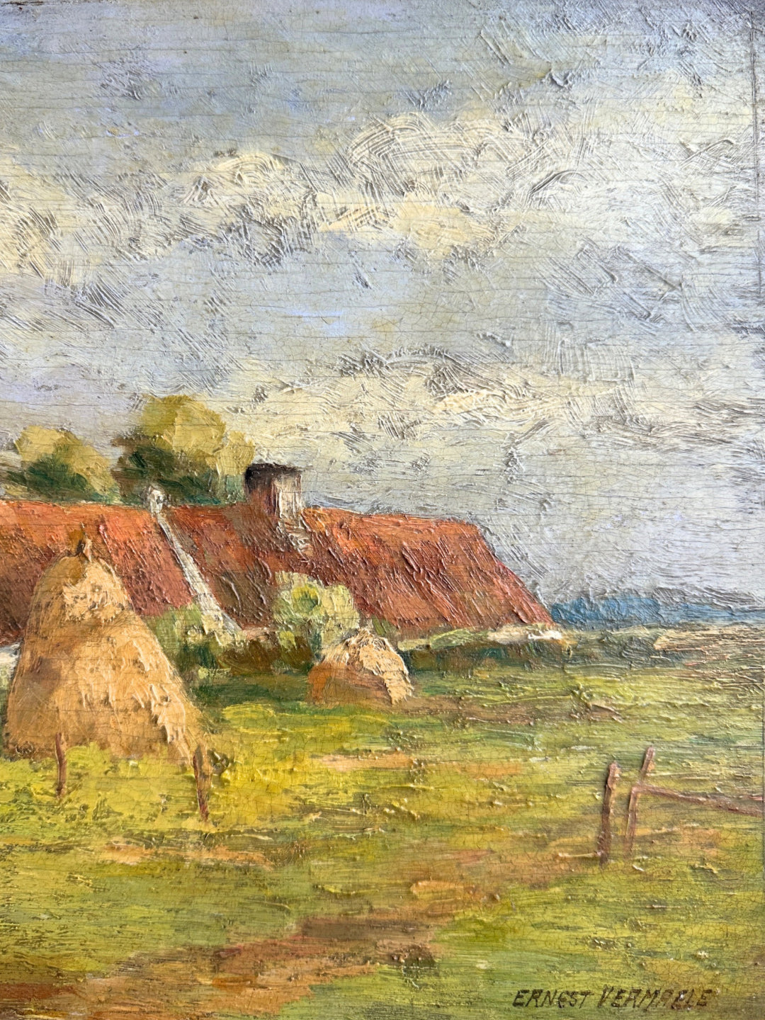 Oil painting with country house motif on wooden panel