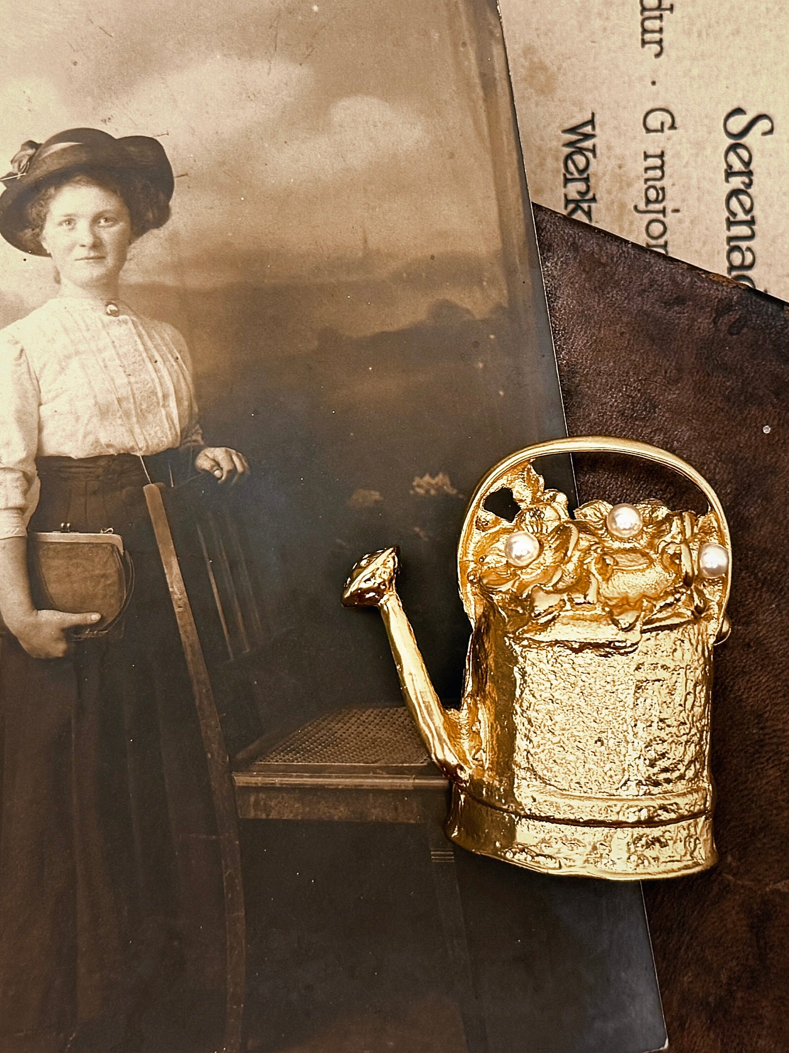 Vintage brooch watering can with small pearls 1960s