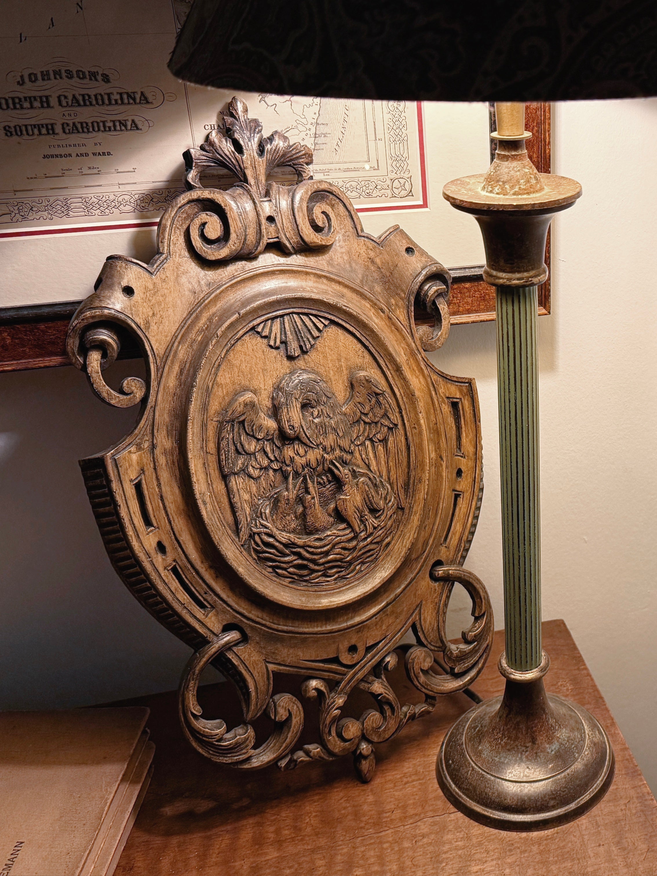 Antique French wooden ornament pelican myth