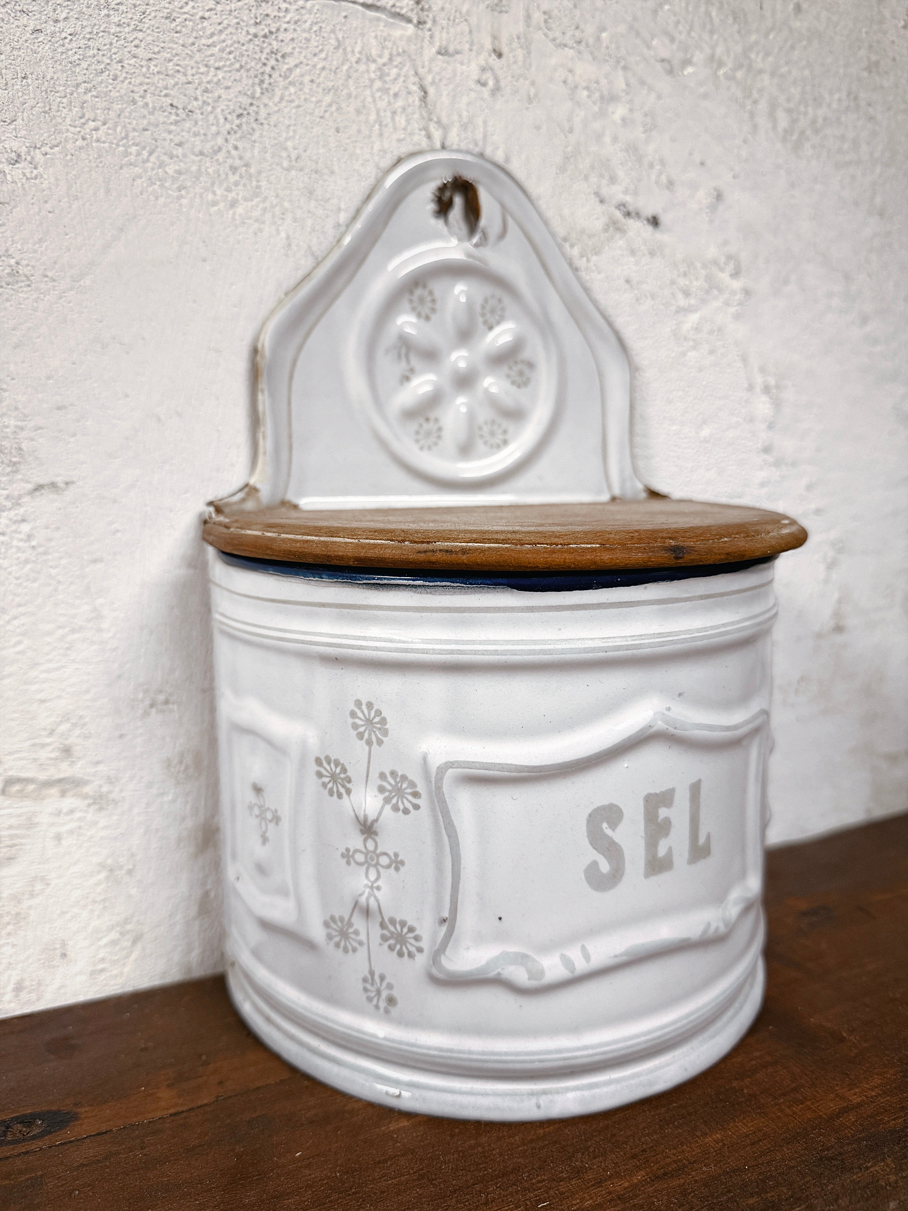 Französische Emaille Salzdose Sel