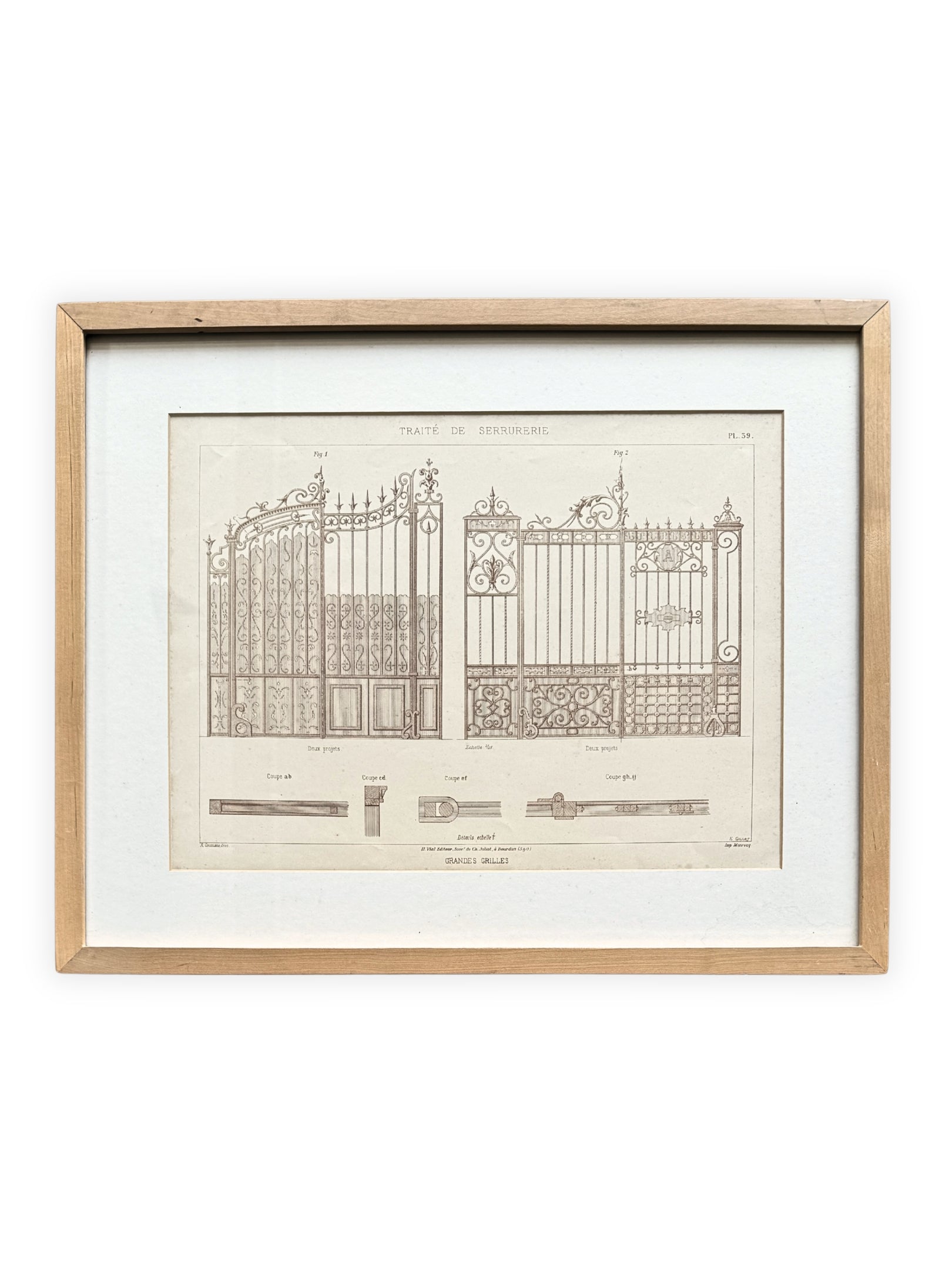 Französische Architekturzeichnung Lithografie – Traité de Serrurerie Pl. 39